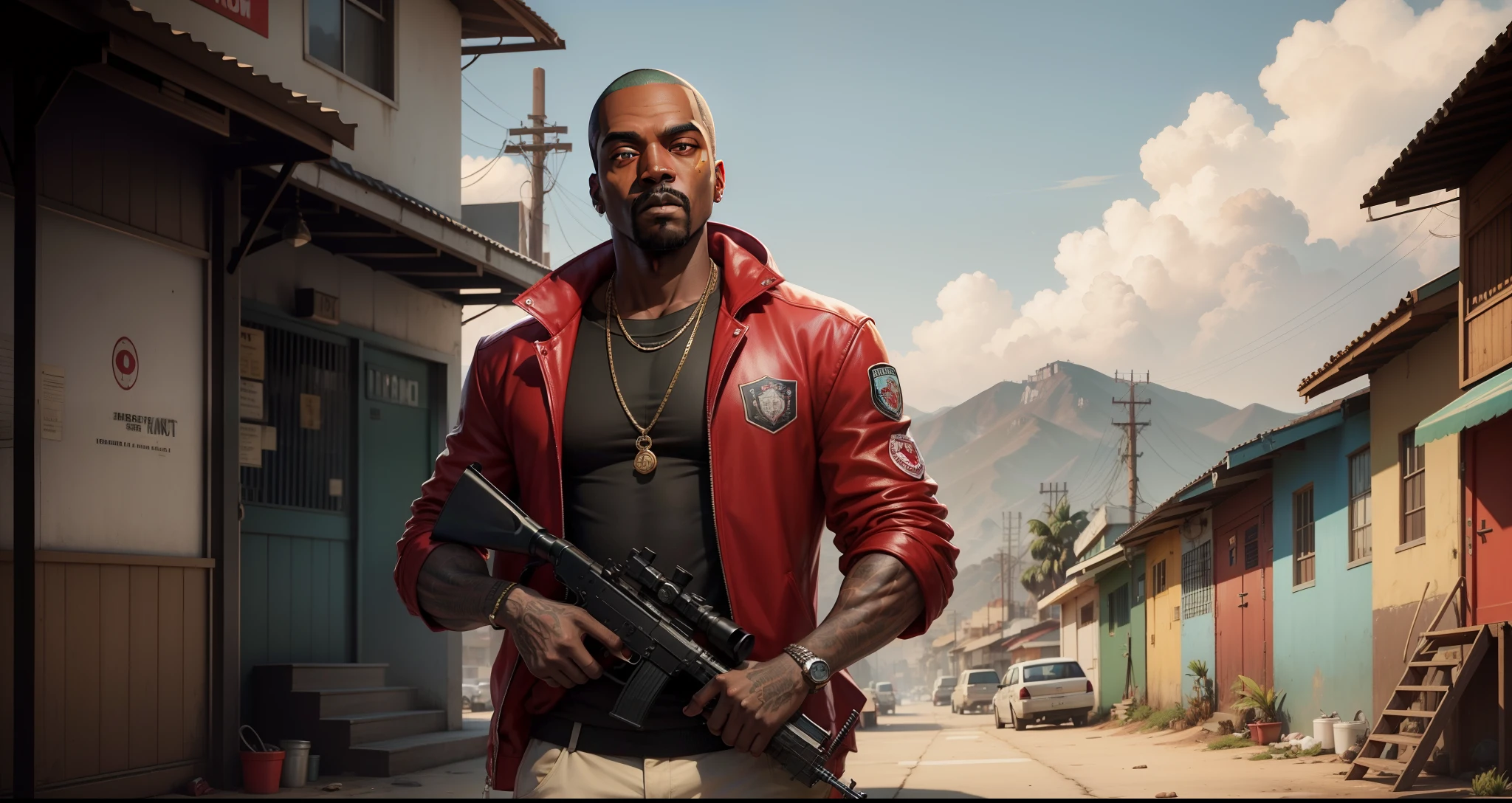 There's a man holding a gun on a wooden deck, gta personagem, Como o protagonista de GTA 5, GTA V Estilo, como um personagem de gtav, Kanye West em GTA v, drake em gta v, Estilo GTA5, gta v personagem, empunhando fuzil de assalto, Snoop Dogg em GTA V, gta 5 tom de pele, Jesse Pinkman em GTA v, jaqueta vermelha,AK-47 rifle, cenario de fundo uma favela estilo brasileira, e o personagem com calelo vermelho