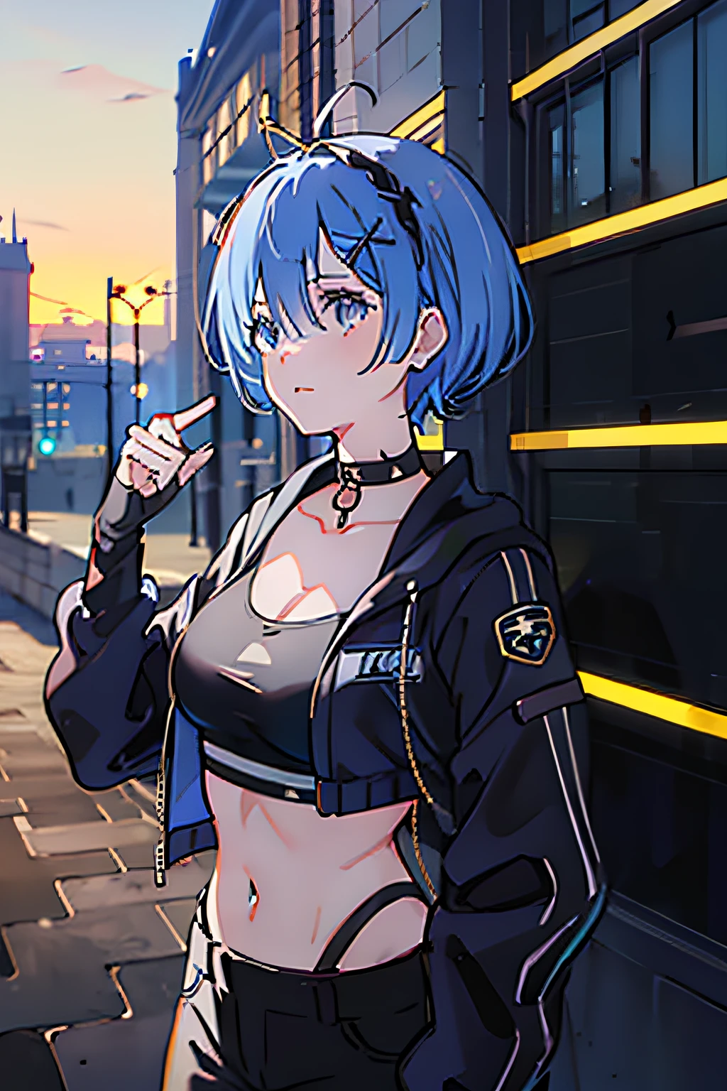 1girl, Rem , short fur, antenna hair, blue eyes, recognized scar, big breasts, black choker, collarbone, blue jacket, cropped jacket, open jacket, sports bra, diaphragm, fingerless gloves, black gloves, black pants , Fighting pose, City background, Sunset