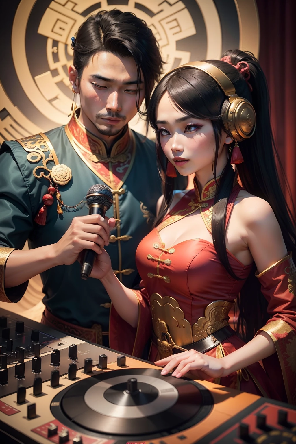 Chinese mythology and stories,Chinese-style costume,A man and a woman,One in DJing,One sings with a microphone,Two people in the same picture,detail in face