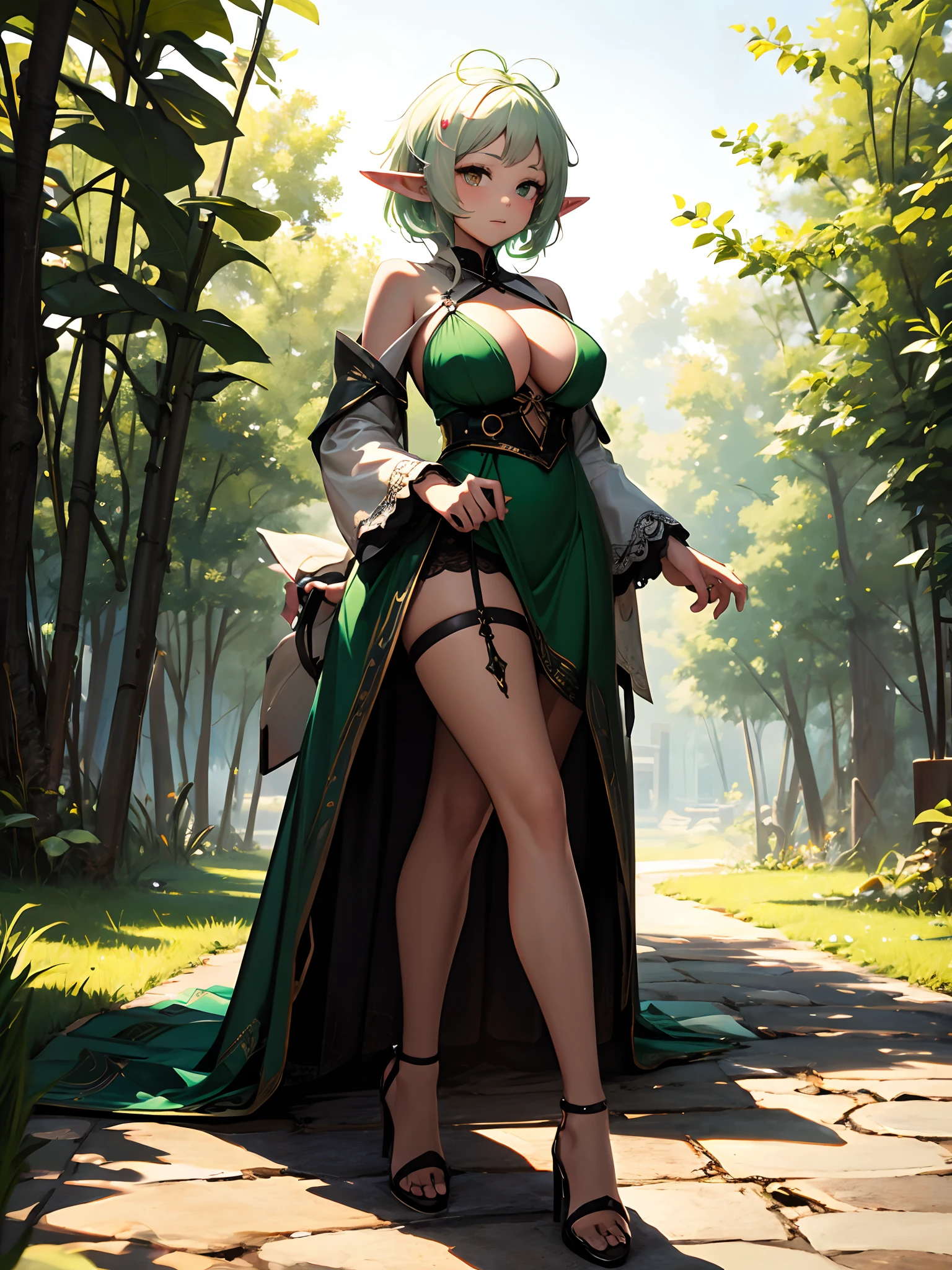 best qualityer,tmasterpiece,Ultimate resolution,downy,Extremely colorful,Colorful,Lady,a matural female,green dress long dress,Gorgeous dress,huge tit,(short white hair, elf ears),(green lence stockings,Stiletto sandals),soles of feet,a wonderful Fairyland in the background,Normal posture,Normal posture, recolor white hair