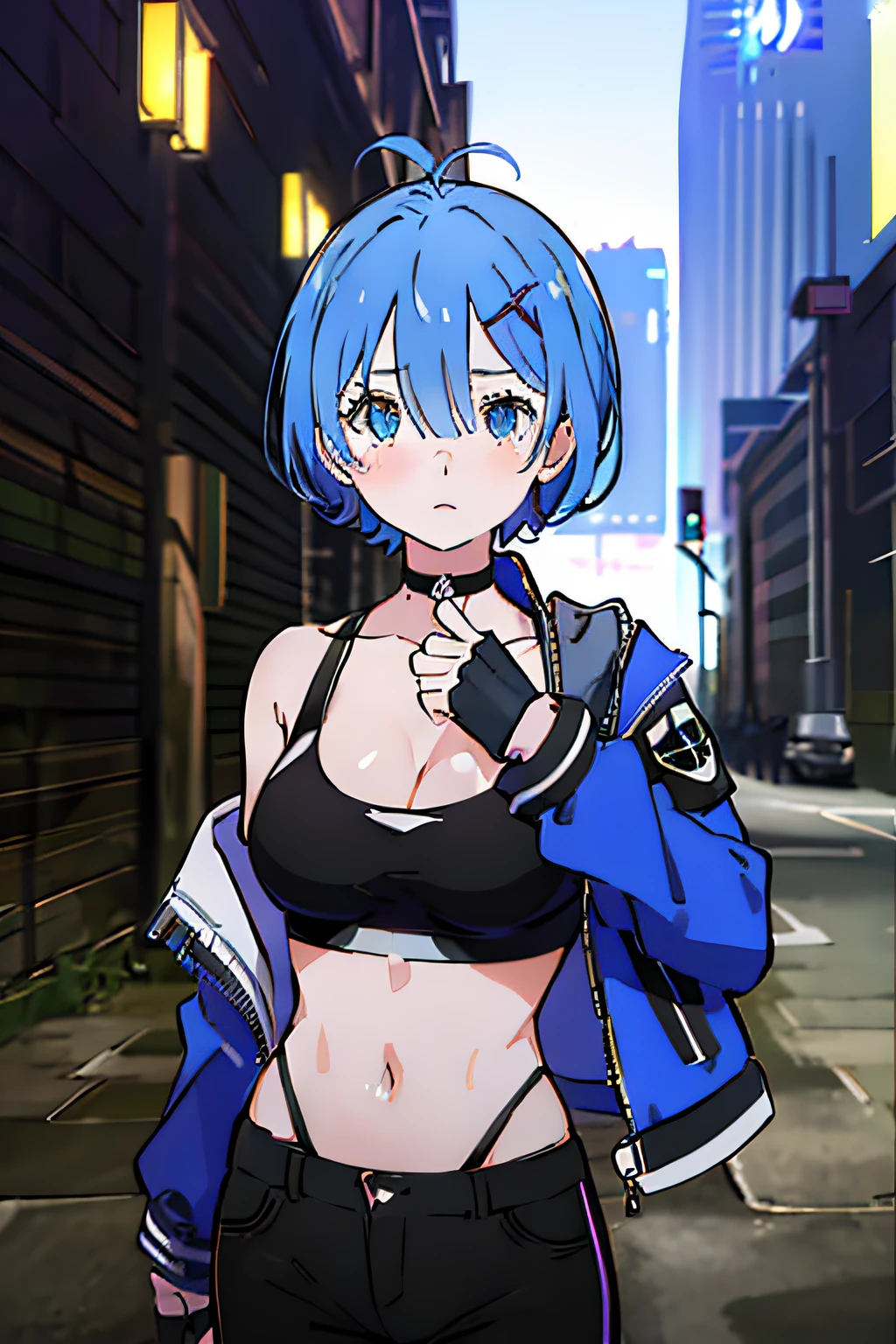 1girl, Rem , short fur, antenna hair, blue eyes, recognized scar, big breasts, black choker, collarbone, blue jacket, cropped jacket, open jacket, sports bra, diaphragm, fingerless gloves, black gloves, black pants , Fighting pose, City background, Sunset