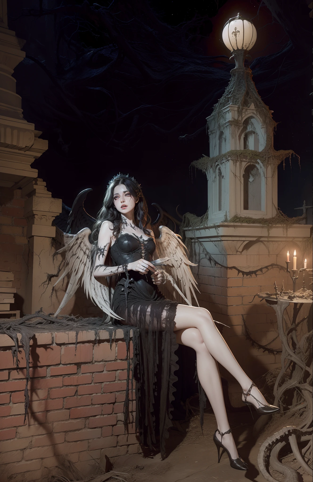 Fine matte painting, skeleton dark angel big wings haunted castle on drawing table full of knives, horror, spookiness, scary, secret horror, tentacles, vines, eyes, uncanny valley effect teeth, limbs, animals, blood moon,hight contrast