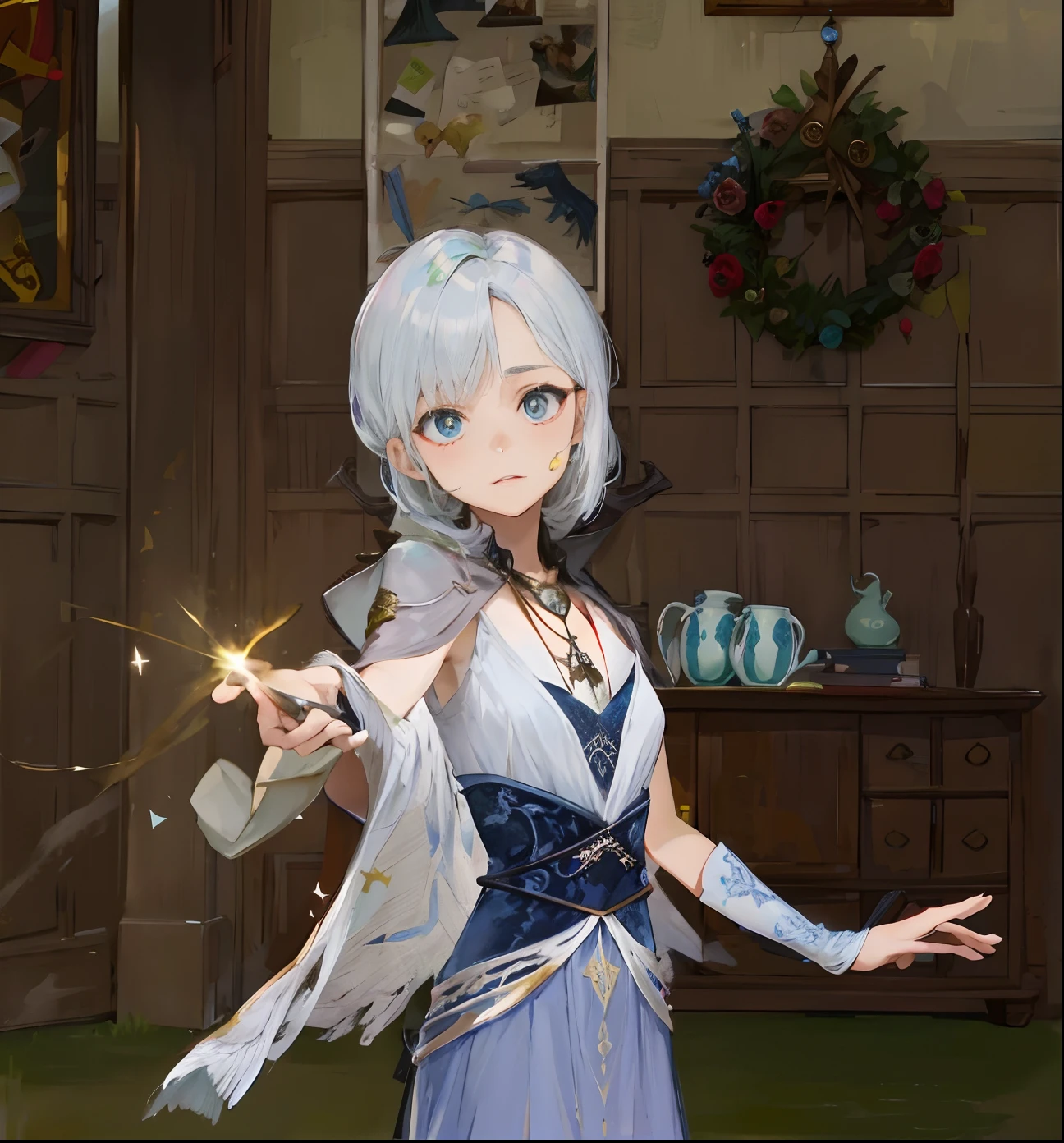 A woman in a Harry Potter costume,Harry Potter style, wearing hogwarts!!! Robes!!!, hogwarts style, she wears harry potter glasses, in hogwarts, Hermione, whaite hair,Eagle Courtyard
