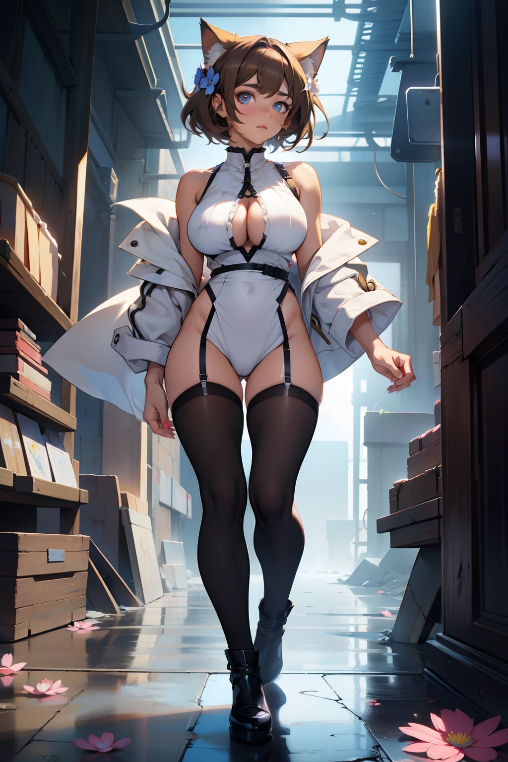 female pervert,young , anime big breast , smooth soft skin, Fantastic Big Eyes, Beautiful complex brunette hair, Symmetrical, anime wide eyes, Beautiful eyes, Soft lighting, Detailed face, Artistically, digitial painting, looking at the camera in, 1girll,tmasterpiece,Rich in detail,Short hair to the shoulders,Head flower,Cat ears,Full body photo,Bright light