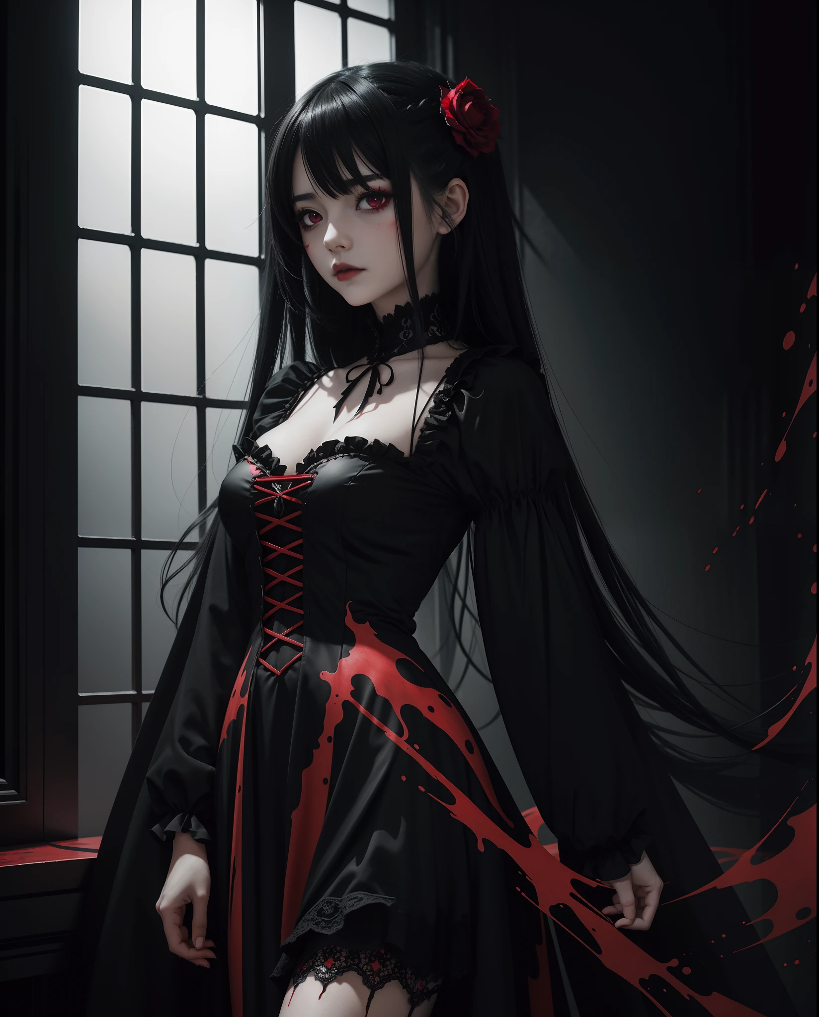 portrait of a beautiful anime girl wearing a gothic dress, in a dark and moody atmosphere filled with white mist, indoor dimlight, (black and red ink splash:1.2)