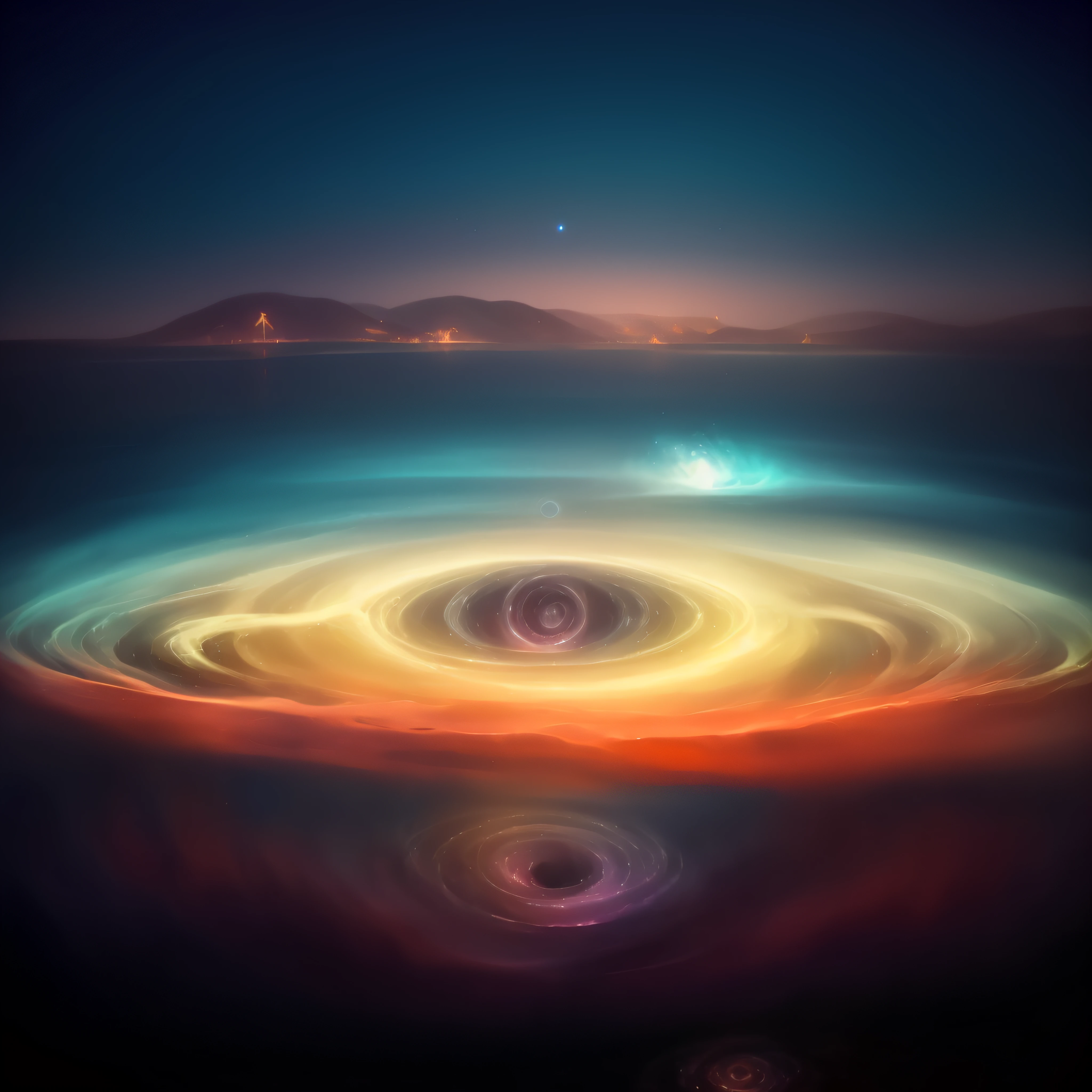 a large spiral-shaped object in the middle of a body of water, cosmic energy wires, swirling water cosmos, spiral skies, swirling bioluminescent energy, universe in the sky, humanity like cosmic structure, cosmic imagery, bright and turbulent mist, channeling swirling energy, swirling vortex of energy, Fogo em redemoinho chama cosmos, swirling magical energy