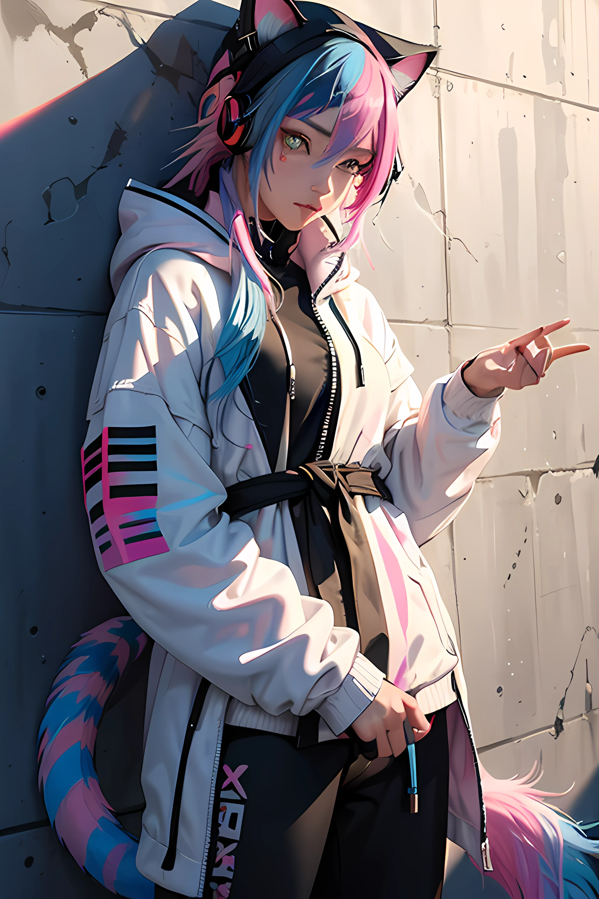(Masterpiece:1.2), best quality, (illustration:1.2), (ultra-detailed),Eye focus,(Masterfully crafted Glow, pink lens flare), (Cinematic background), hyper details,(delicate detailed), (intricate details), octane render, hdr, (hyperdetailed:1.15), (((colourful))),(soft light:1.2), 1girl,(lynx ears:1.3) , (lynx girl), (cat tail:1.5), beautiful girl, ultra detailed eyes, mature, plump, thick, rainbow painting drops, paint teardrops, woman made up from paint, entirely paint, splat, splash, (outside), (bioluminescent hair:1.5),(glowing eyes:1.2), ((makeup)),(Cinematic masterpiece), fierce, powerful, splashes of colour absolutely eye-catching, (Cinematic headlight), (realistic bounce lighting:1.2),((caustic)), dynamic angle, beautiful detailed glow, ambient occlusion, ambient light, raytraced reflections,(best illumination, an extremely delicate and beautiful), ((cinematic light)), (soft:2), (whimsical:2) , intricate background, vibrant, dreamscape, (painting graffiti:1.3), (glowing tail), (painted city landscape), (Urban),(realistic urban fashion), (expressive:1.2), good form, athletic , (mirrored world), (long flowing black hair:1.1), wavy hair, (colourful hair highlights),(Cyberpunk Techwear Japanese Streetwear Longline Hoodie),(Cyberpunk Streetwear Kanji Joggers), glowing headphones, beanie, (graffiti wall), unfinished graffiti, ghetto,(looking at wall:2),black hoodie, (backwall present),(holding spraycan:1.3), (colourful mist), buckles, belts, straps, a girl standing in front of a graffiti wall, cyberpunk art, (by LAM), Mika Pikazo, graffiti,  techwear jacket, black gloves, with buckle and tape, (blue and pink hair),(Dual colour hair:2),(Blue hair),