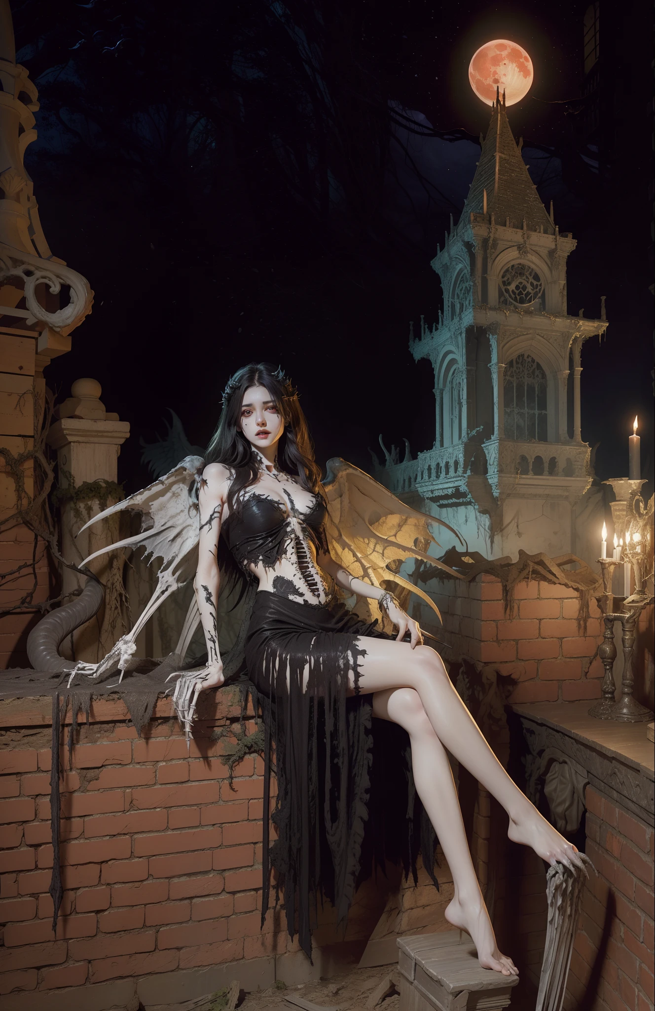 Fine matte painting, skeleton dark angel big wings haunted castle on drawing table full of knives, horror, spookiness, scary, secret horror, tentacles, vines, eyes, uncanny valley effect teeth, limbs, animals, blood moon,hight contrast