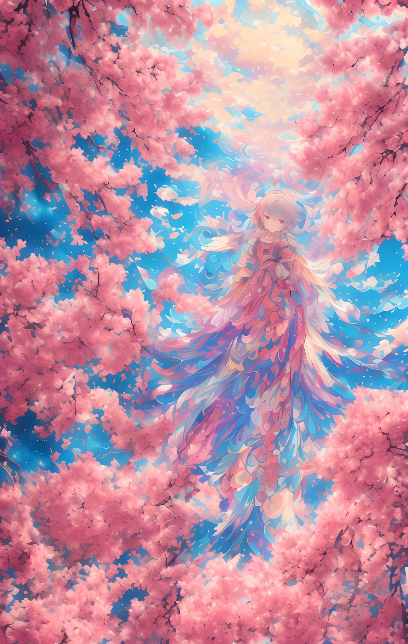 Ultra-detailed Japanese anime artwork，A maiden surrounded by colorful clouds，Beautiful digital anime art painting，high definition detail，Unique abstract style，Colorful clouds in rural landscape，Gorgeous anime characters appear ，Enchanting anime art in colorful clouds，Complex and detailed digitally animated caricature，Excellent Japanese anime style and superb digital drawing skills，slender leg，Spread your legs apart，The shirt is open，Clear face，（（（Bigchest）））。