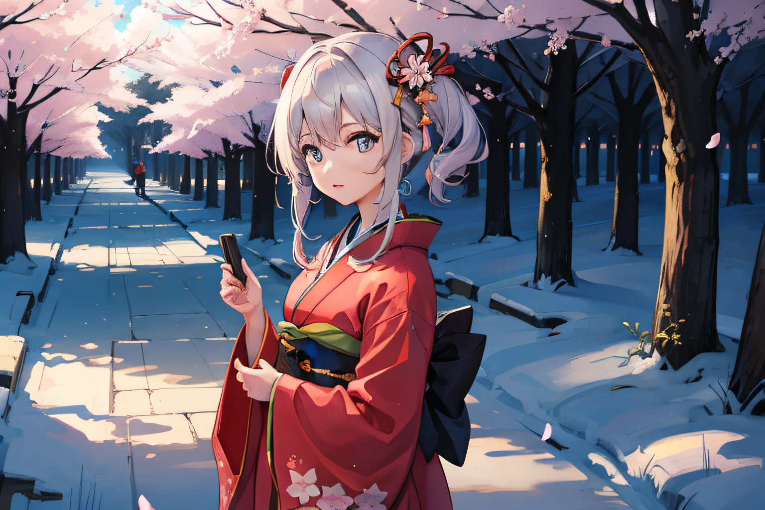 girl wearing kimono, nighttime, night sky, in cherry blossom forest, standing, looking at viewer, masterpiece, ultrasharp, 8K, absurdres,