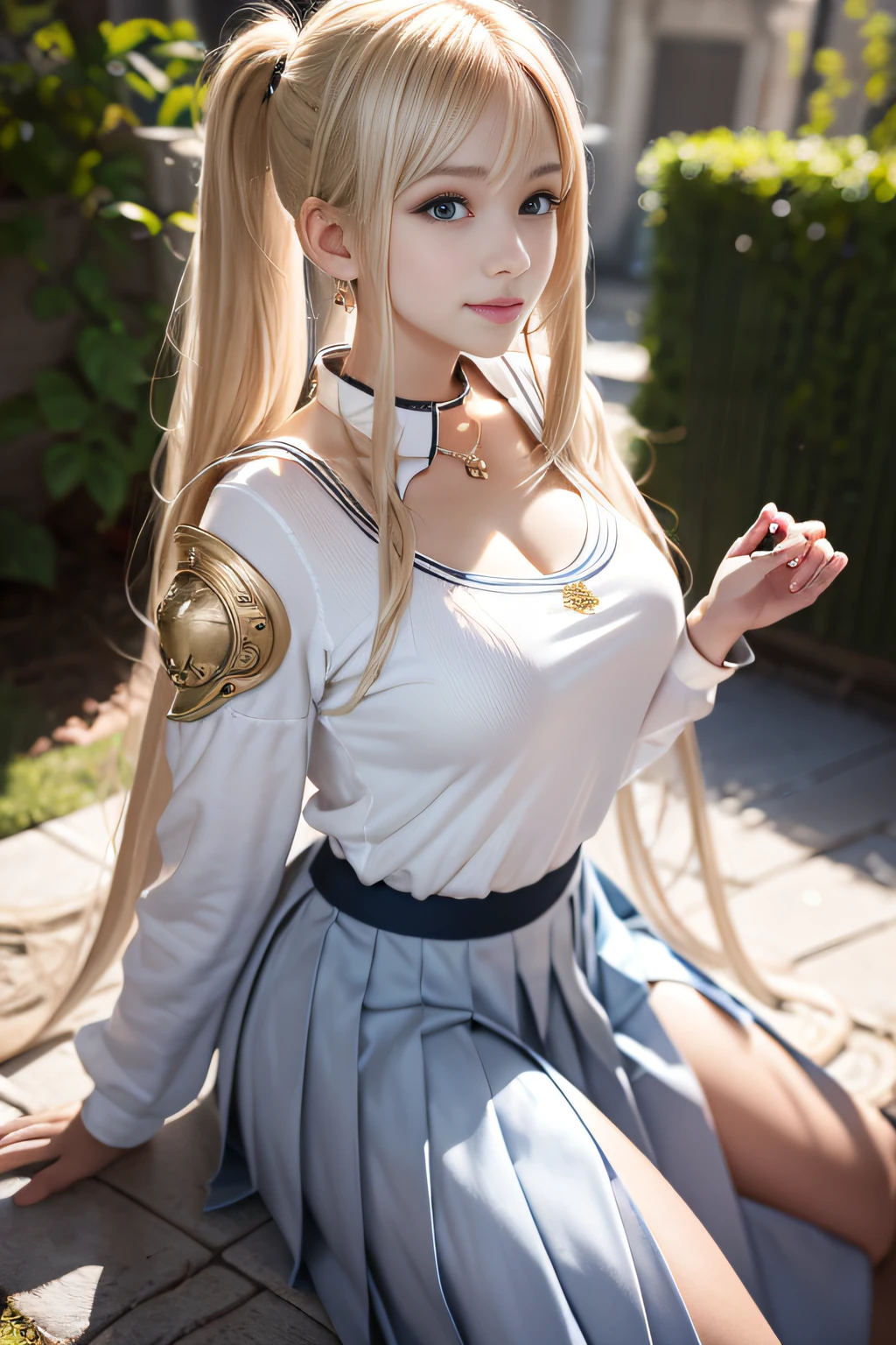 bright expression、poneyTail、Young shiny shiny white shiny skin、Best Looks、Blonde reflected light、Platinum blonde hair with dazzling highlights、shiny light hair,、Super long silky straight hair、Beautiful bangs that shine、Glowing crystal clear attractive big blue eyes、Very beautiful nice cute 16 year old girl、Lush bust,Beautiful detailed eyes, beautiful detailed nose,(( Full body:1.25)),Makeup that the eyes emphasize、((Pleated skirt with many folds)),(Women like Joan of Arc)、s Armor、Knights, With a sword and shield,Royal style,Comic style, , Sub-surface scattering, ornate detail, nature backdrop, Hyper-realistic, Cinematic, Dramatic Lighting, masutepiece
