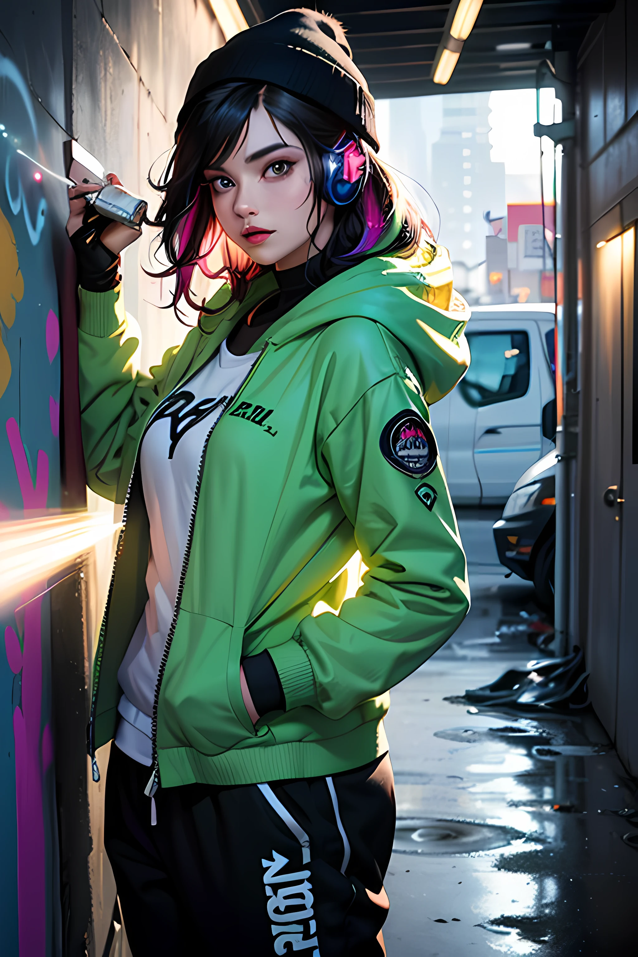 (Masterpiece:1.2), best quality, (illustration:1.2), (ultra-detailed),Eye focus,(Masterfully crafted Glow, pink lens flare), (Cinematic background), hyper details,(delicate detailed), (intricate details), octane render, hdr, (hyperdetailed:1.15), (((colourful))),(soft light:1.2), 1girl, beautiful girl, ultra detailed eyes, mature, plump, thick, rainbow painting drops, paint teardrops, woman made up from paint, entirely paint, splat, splash, (outside), (bioluminescent hair:1.1),(glowing eyes), ((makeup)),(Cinematic masterpiece), fierce, powerful, splashes of colour absolutely eye-catching, (Cinematic headlight), (realistic bounce lighting:1.2),((caustic)), dynamic angle, beautiful detailed glow, ambient occlusion, ambient light, raytraced reflections,(best illumination, an extremely delicate and beautiful), ((cinematic light)), (soft:2), (whimsical:2) , intricate background, vibrant, dreamscape, (painting graffiti:1.3), (glowing tail), (painted city landscape), (Urban),(realistic urban fashion), (expressive:1.2), good form, athletic , (mirrored world), (long flowing black hair:1.1), wavy hair, (colourful hair highlights),(Cyberpunk Techwear Japanese Streetwear Longline Hoodie),(Cyberpunk Streetwear Kanji Joggers), glowing headphones, beanie, (graffiti wall), unfinished graffiti, ghetto,(looking at wall:2),black hoodie, (backwall present),(holding spraycan:1.3), (colourful mist), buckles, belts, straps, a girl standing in front of a graffiti wall, cyberpunk art, by LAM, Mika Pikazo, graffiti, techwear jacket, black gloves, with buckle and tape
