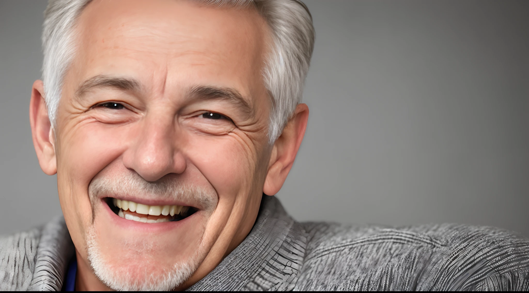 smart 50 year old mid age smart elderly senior model man with grey hair laughing and smiling. Mature old man close up portrait.