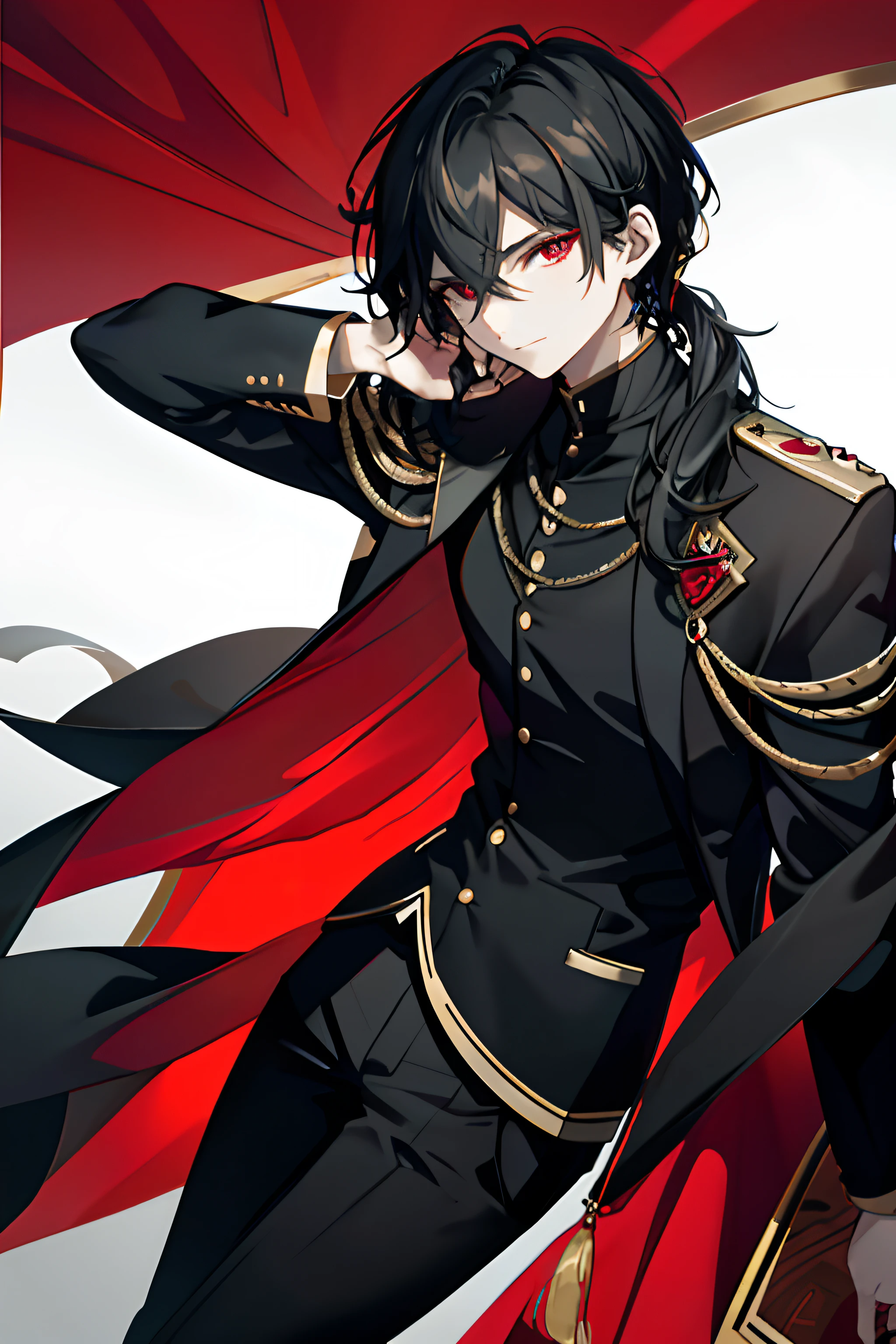 Masterpiece, Best quality, High quality, 1boy, Solo, Male focus, view the viewer, Upper body, Jew_maggie, Black hair, jewelry, Red eyes, Long hair, shirt