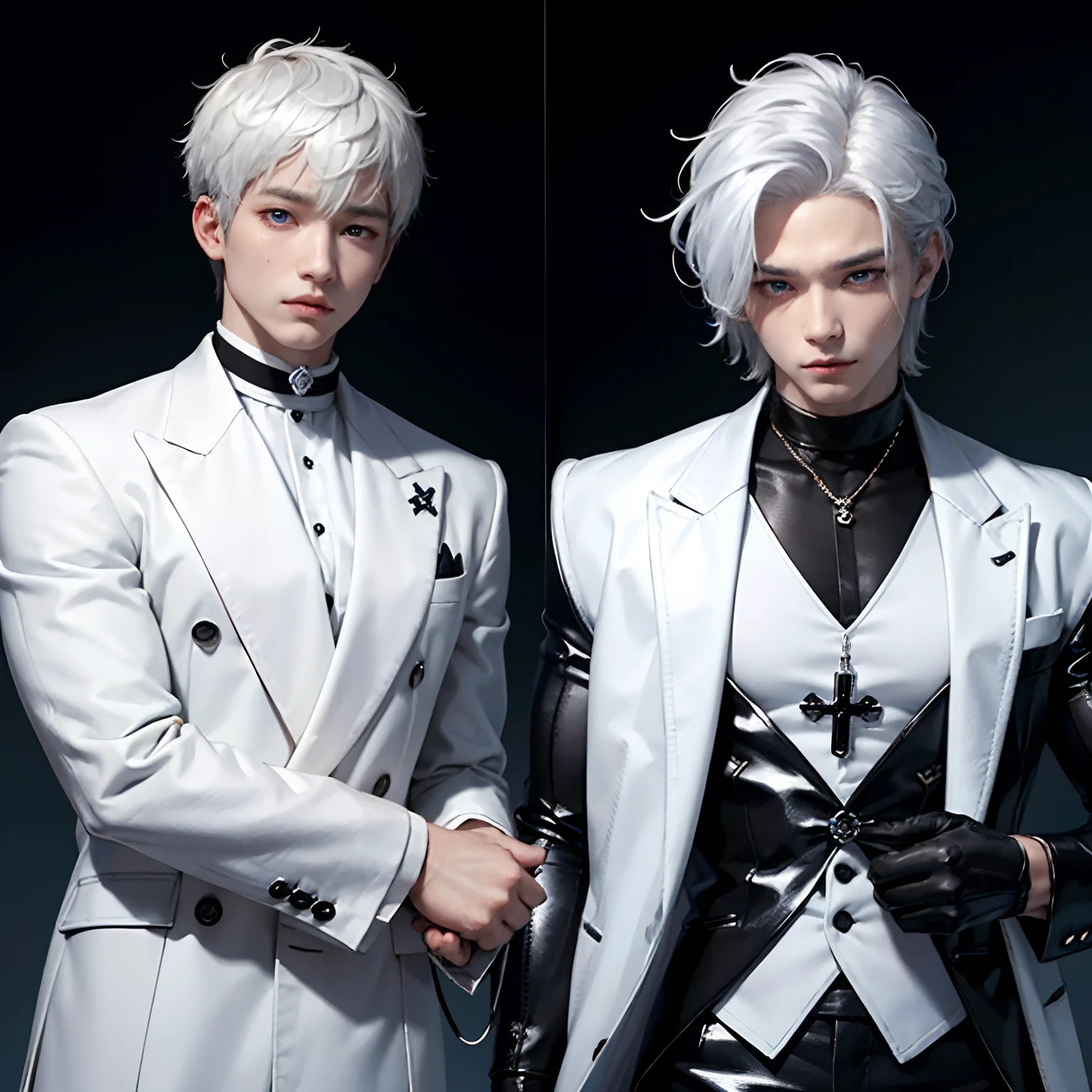 gojo satori is muscle guy with long short white hair Korean style and undercut style, striking blue eyes, He dresses in a white coat with a black cross pattern, a black turtleneck, black pants, and black gloves. compressed shirt and black trousers --auto