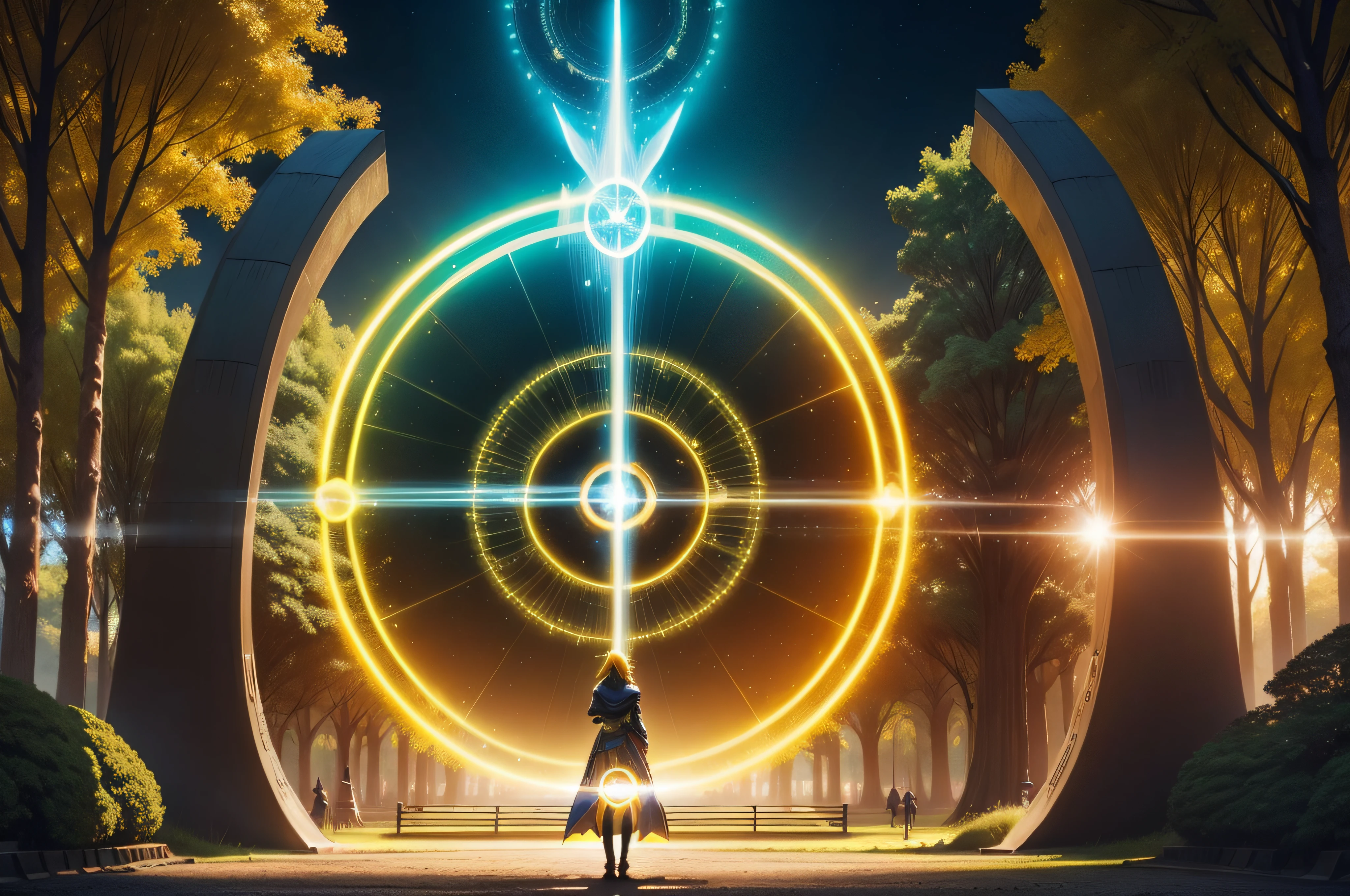 (yellow Yoyogi Park:1.2), sparkling light, (stargate portal in background:1.2), (visitor:1.2), sensual, fantasy art, epic fantasy digital art style, afternoon, sun rays, blue sky
