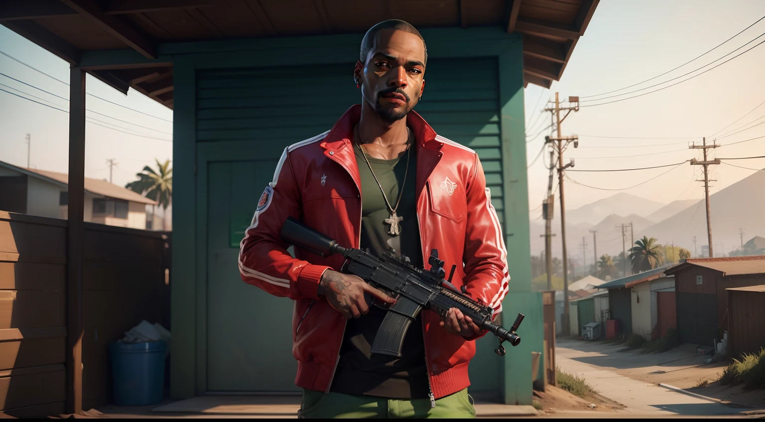 There's a man holding a gun on a wooden deck, gta personagem, Como o protagonista de GTA 5, GTA V Estilo, como um personagem de gtav, Kanye West em GTA v, drake em gta v, Estilo GTA5, gta v personagem, empunhando fuzil de assalto, Snoop Dogg em GTA V, gta 5 tom de pele, Jesse Pinkman em GTA v, jaqueta vermelha,AK-47 rifle, cenario de fundo uma favela estilo brasileira, e o personagem com calelo vermelho