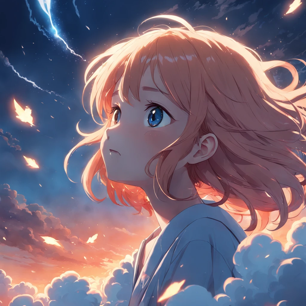 masterpiece, best quality, movie still, 1girl, cloud girl, floating in the sky, close-up, bright, happy, warm soft lighting, sunset, (sparks:0.7)