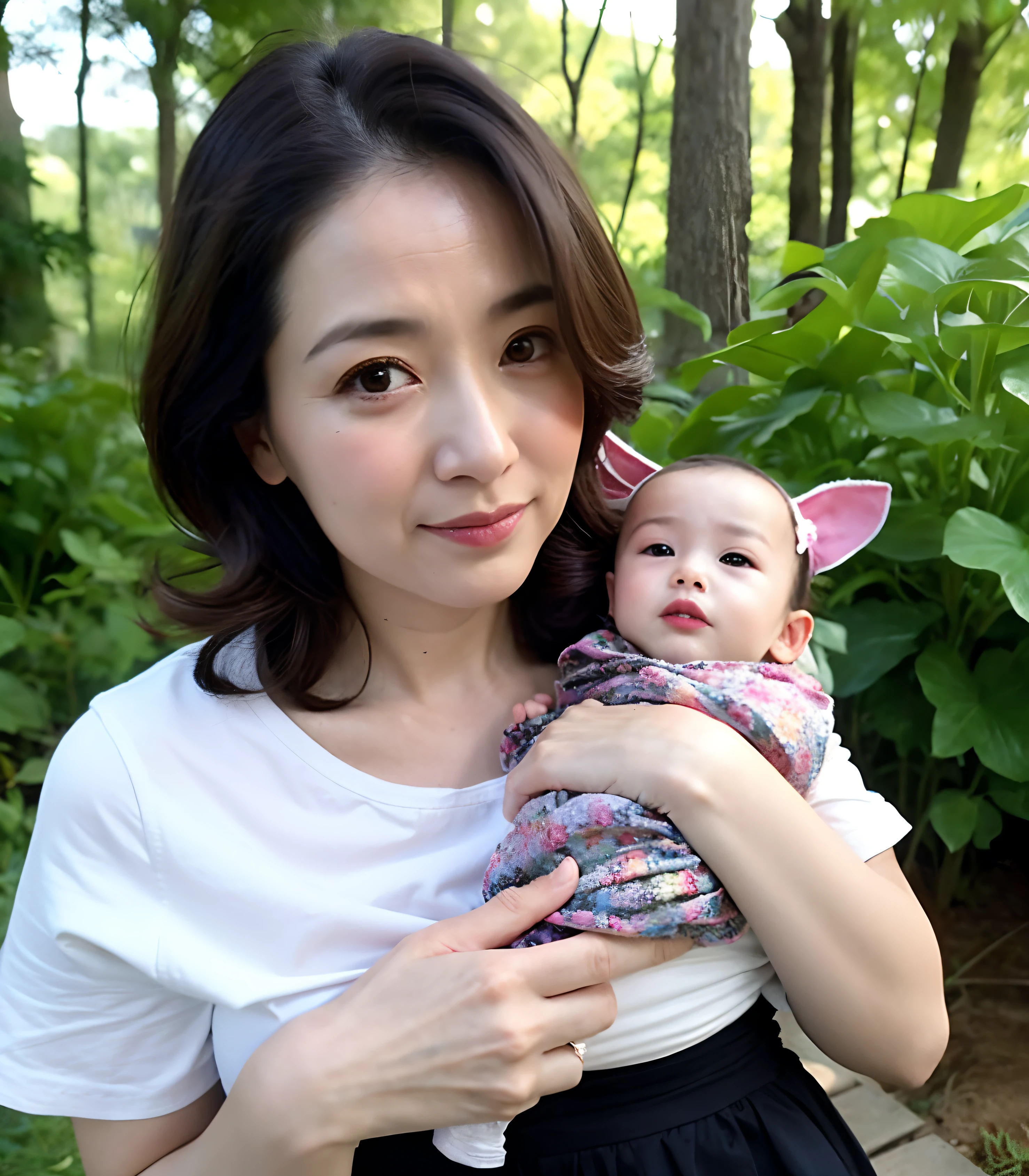 There is a woman with a child in her arms, With a child, jaeyeon nam, [ photos realistic ]!!, tzuyu from twice, inspired by Sim Sa-jeong, park ji-min, Korean Girl, lee ji-eun, lee ji - eun, cartoonish cute, park shin hye as a super villain, Young Asian Girl, blackpink jennie