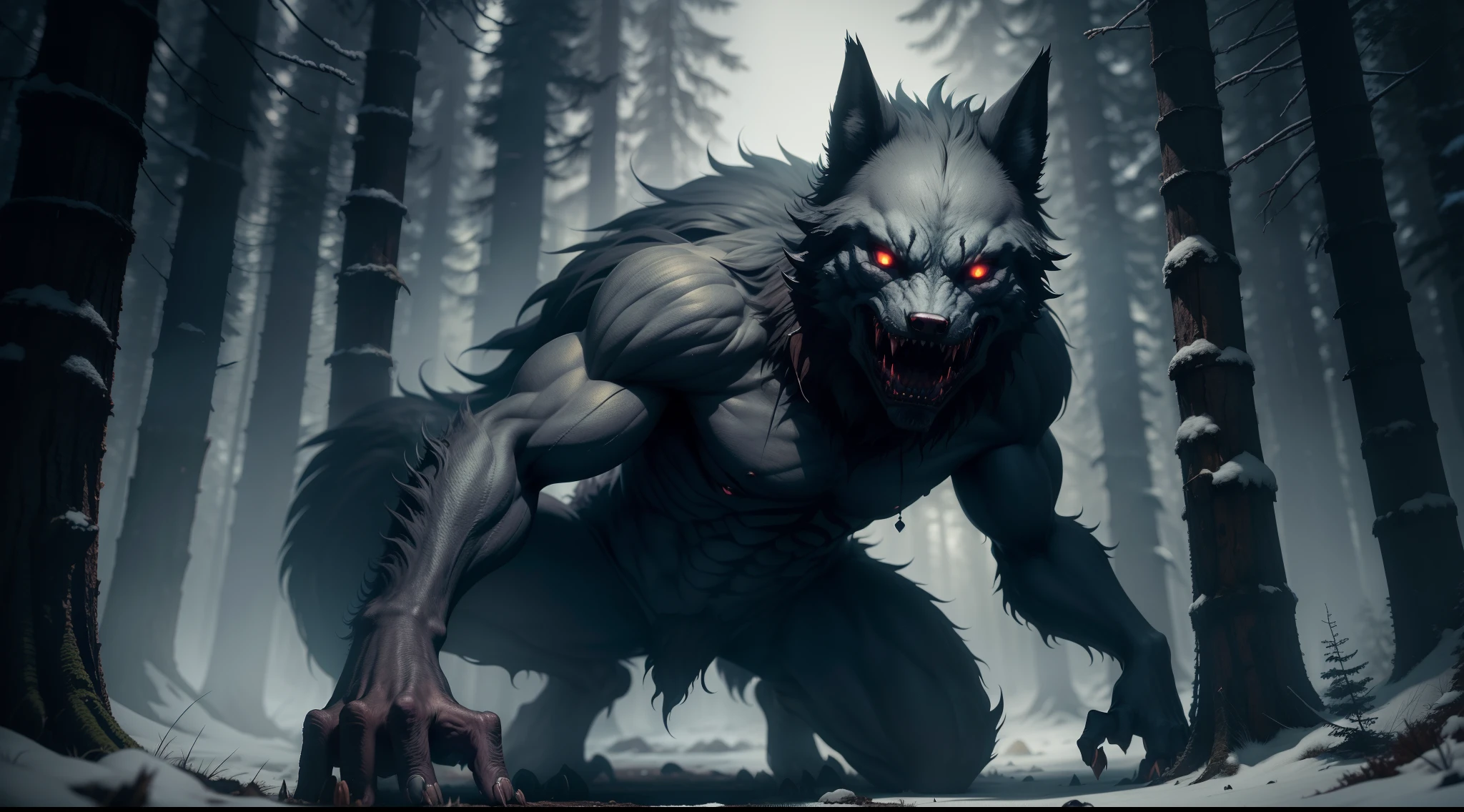 horror art, werewolf, cabin in the woods, flora, dark ambient, poland cryptid, sharp teeth, terrifying, full body render, dynamic