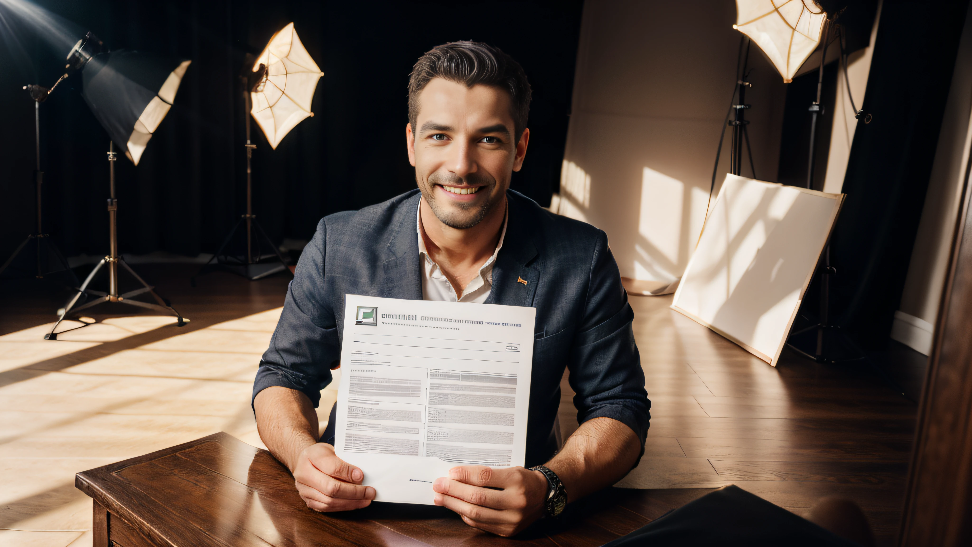 A man, content investor holds a symbolic life insurance policy, surrounded by financial elements such as charts, coins, and documents. His smile reflects confidence and satisfaction with his achievements. Photo taken by Isabella White with a Nikon Z5 and a 50mm lens. The lighting features a mix of natural light and soft studio lighting, emphasizing an atmosphere of triumph and professionalism. Natural lighting, Soft studio lighting. 8K, Ultra-HD, Super-Resolution.