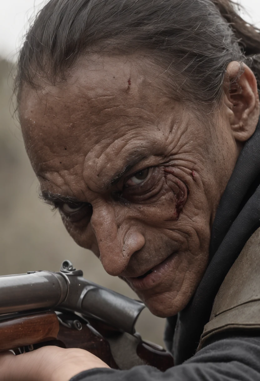 On the battlefield of gun smoke，Um Policial com o rosto de caveira sinistra, com um sorriso torcido，Com dois punhais，Com um fusil nas costas,  Stepping on a psychopathic clown, Hide behind soldiers' backs，Ataque nas sombras，Assassinos，assassinato，arte de splash do personagem，A arte do assassinato，Credo dos Assassinos. Make sure there is no noise and that the lines are thick and sharp like contour art, (((pose interagindo e se apoiando [em uma objeto|em algo no ambiente]))), foco em um quadro vertical da imagem."((full body):1.5). 16k, UHD, best possible quality, ((best possible detail):1), best possible resolution, Unreal Engine 5, professional photography, ((Batman)), perfect_hands, (perfeito:1.2)