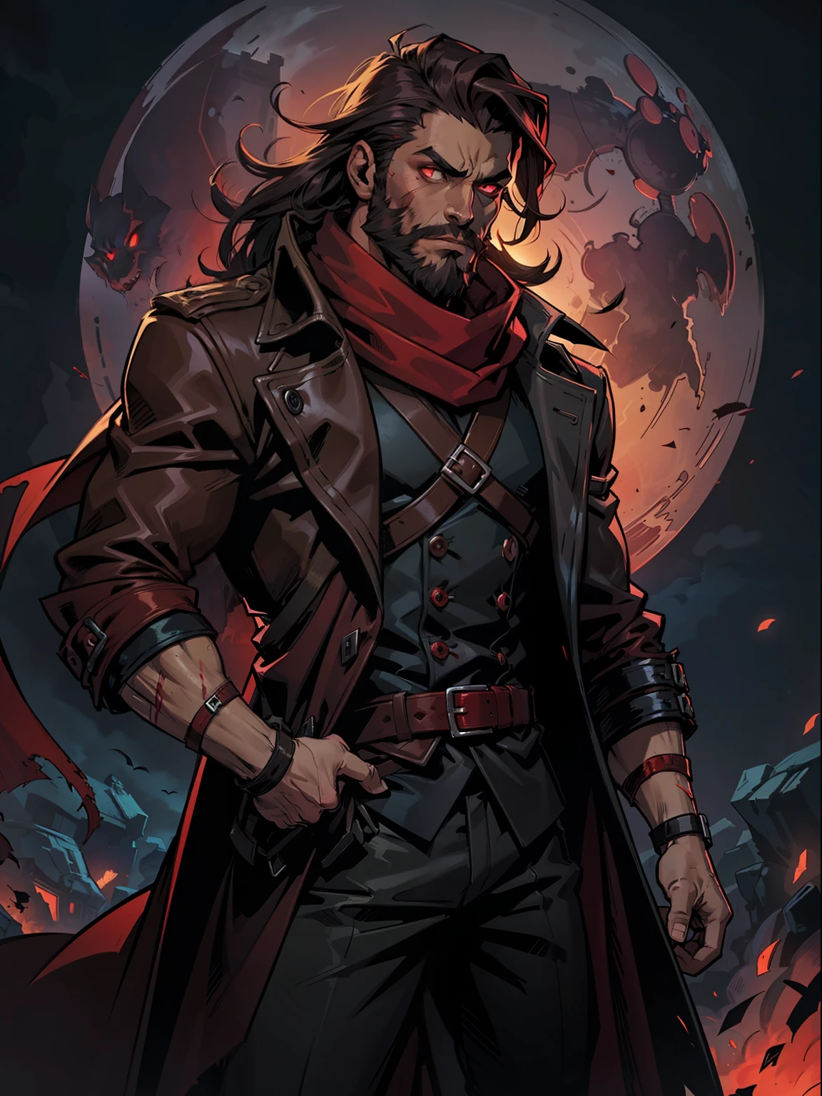 Dark night blood moon background, Darkest dungeon style, Sadurang from Marvel, hunk, wild mane, defined face, detailed eyes, short beard, glowing red eyes, dark hair, wearing classy trench coat and red scarf