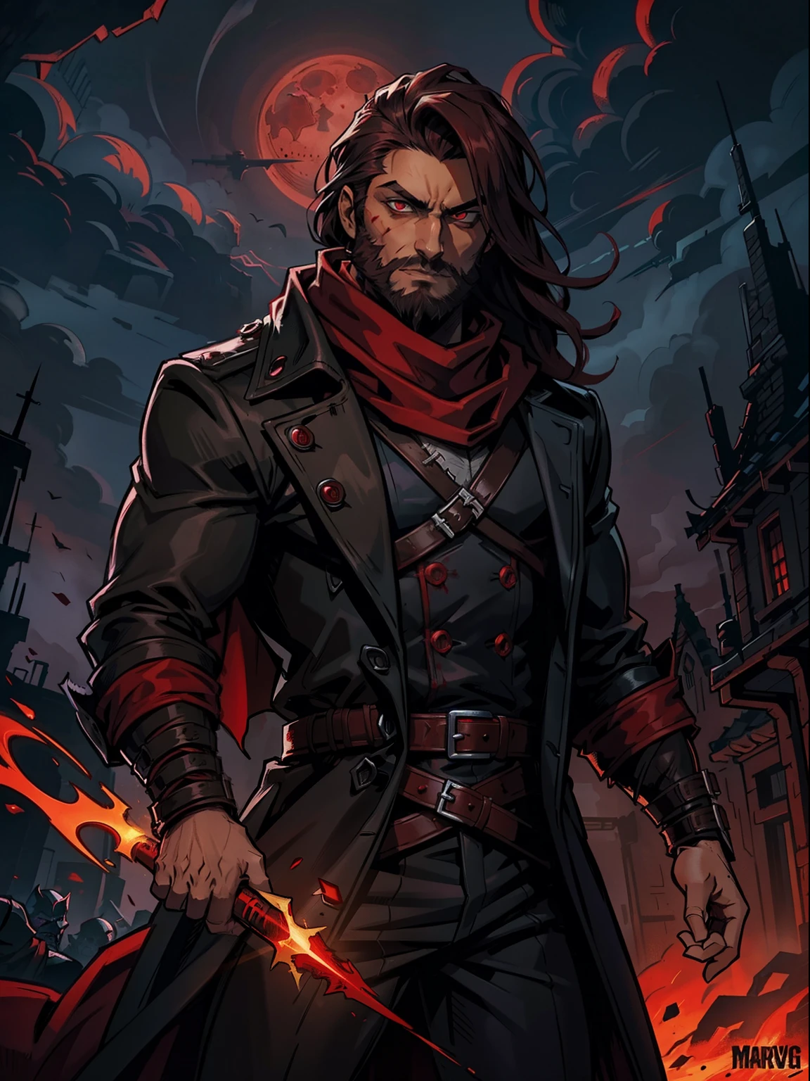 Dark night blood moon background, Darkest dungeon style, Sadurang from Marvel, hunk, wild mane, defined face, detailed eyes, short beard, glowing red eyes, dark hair, wearing classy trench coat and red scarf