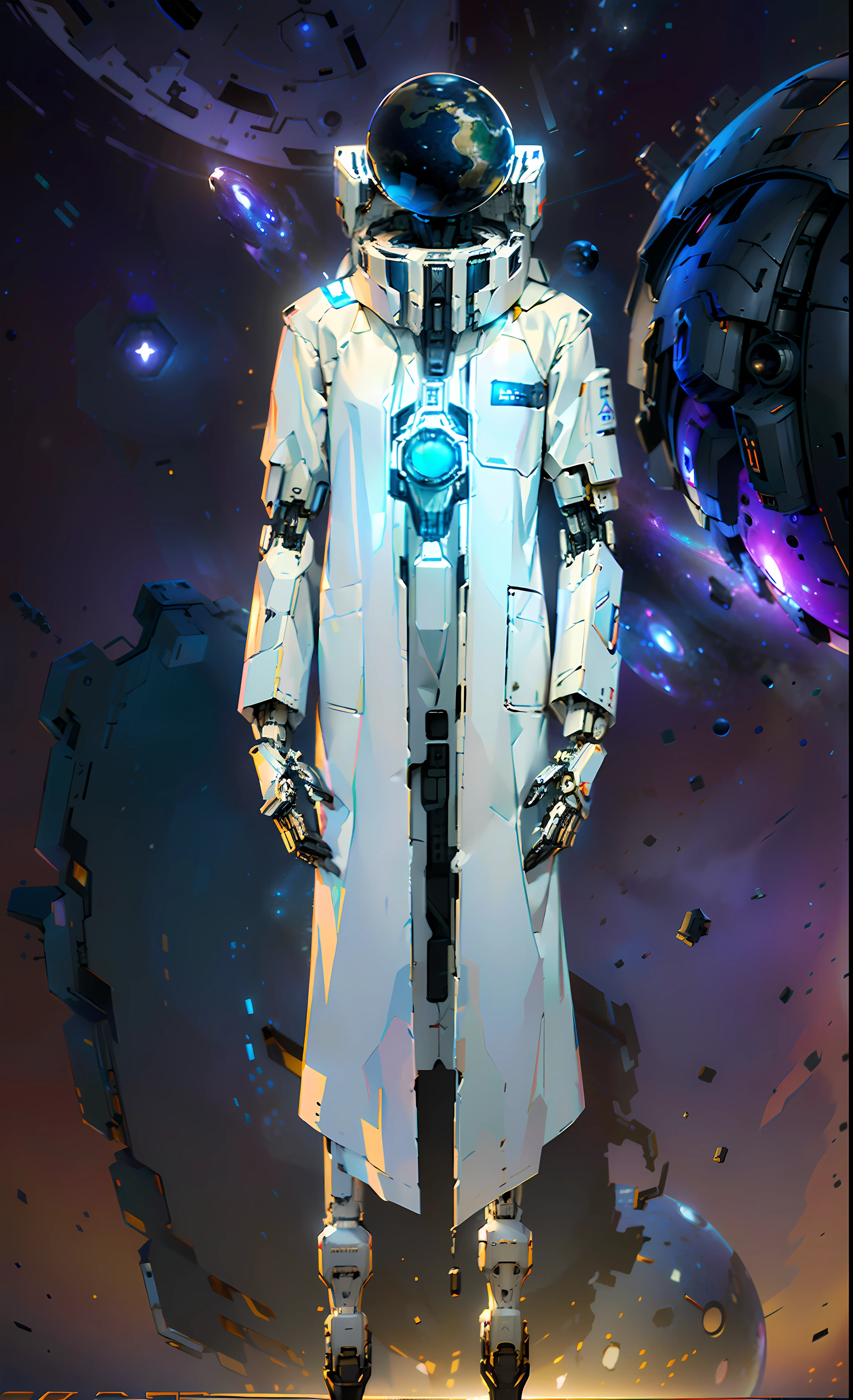 Omnicient android scientist, (Galaxy floating globe instead of a head: 1.9), (wearing a scientist coat: 1.8), (in space), (white android body), (floating galaxy globe over neck), (cool character design), ((god-like artificial inteligence)), ((omnicient)), (mech body), (mech hands), (mechanical body, (mech feet), (completely robotic), godly
