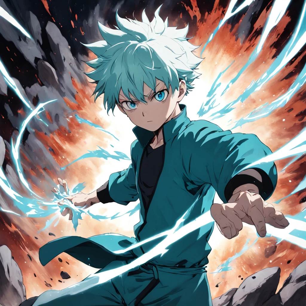 satoru Gojo do anime Jujutsu Kaisen em uma postura de batalha impressionante. He is surrounded by a magical turquoise aura, that radiates power and confidence. Your eyes are focused, emitting an icy intensity as he prepares to face an invisible enemy. As faixas da sua bandana voam ao vento, while her white hair flutters with spiritual energy. The surrounding environment is a desolate battlefield, with debris and rubble scattered. The atmosphere is electrifying and full of magical tension, detailed digital illustration, dynamic light technique, --ar 16:9 --v 5