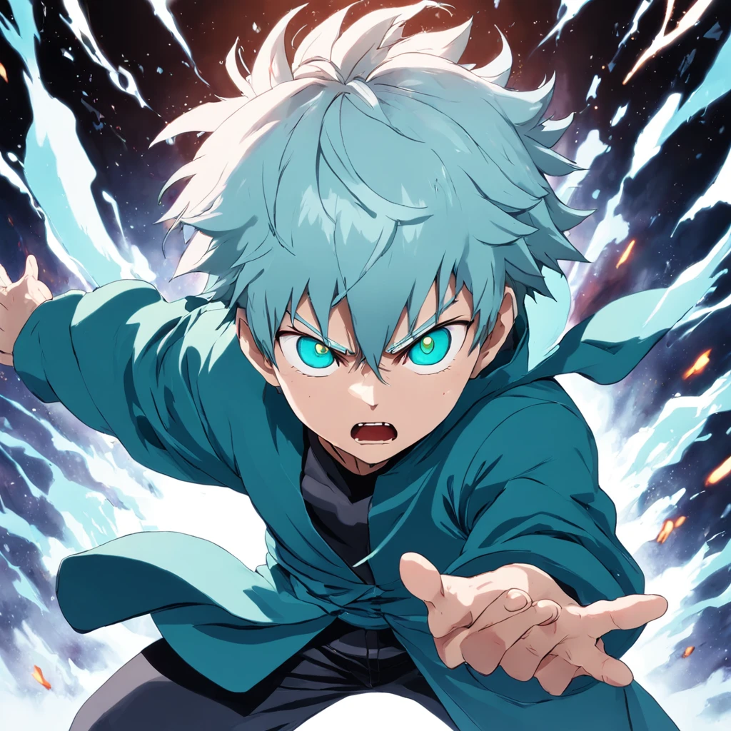 satoru Gojo do anime Jujutsu Kaisen em uma postura de batalha impressionante. He is surrounded by a magical turquoise aura, that radiates power and confidence. Your eyes are focused, emitting an icy intensity as he prepares to face an invisible enemy. As faixas da sua bandana voam ao vento, while her white hair flutters with spiritual energy. The surrounding environment is a desolate battlefield, with debris and rubble scattered. The atmosphere is electrifying and full of magical tension, detailed digital illustration, dynamic light technique, --ar 16:9 --v 5