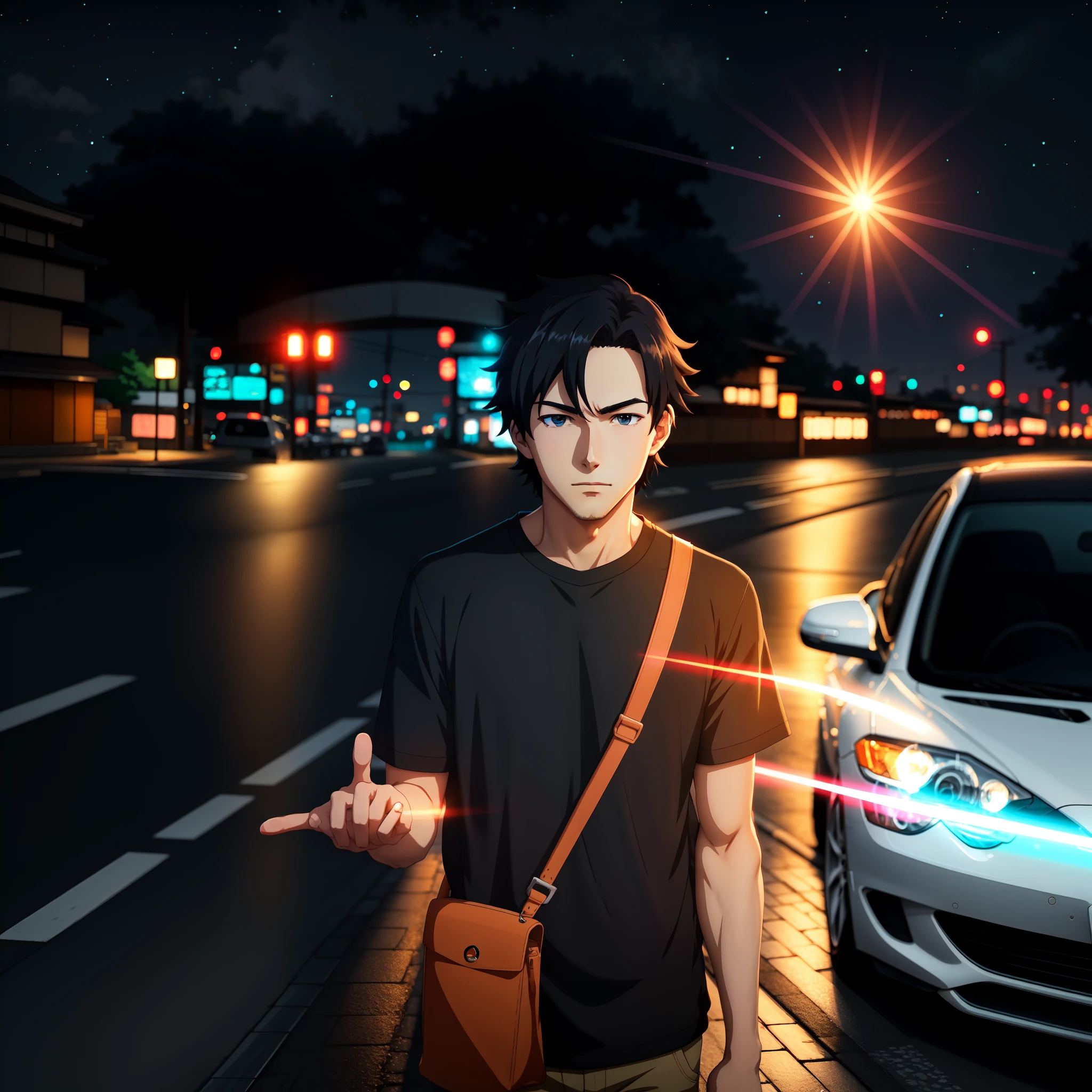 there is a young man standing in front of a car, wearing sling bag, peace hand sign, during night, HD anime pict, black hair, picture by makoto shinkai art, Kyoto animation studio, same hairstyle, trending on cg society, conceptual art, high quality anime movie still, ultra HD 4k, fine detail, as per image, outdoor, pefect hand, anime style eyes.