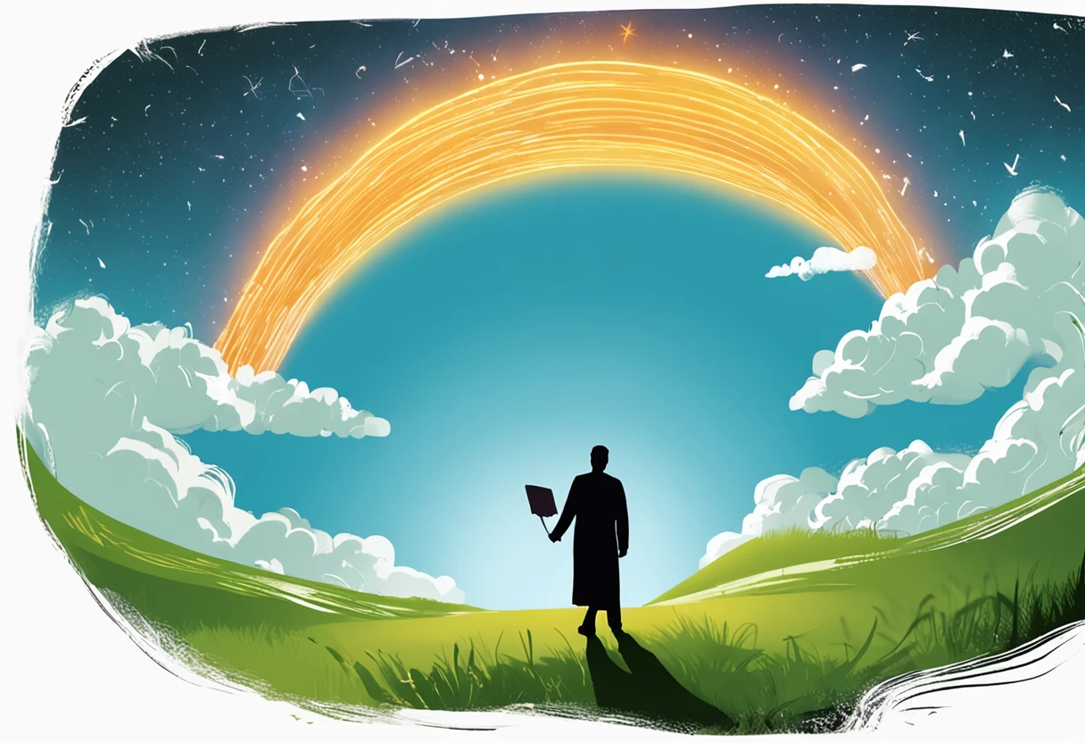 Theme: God with us
Style: Realistic, with vivid colors and contrasts
Elements: A person walking through a green field, holding a bible in their right hand and a bright light in their left hand. The light illuminates the person’s path and forms the word “God” in the clouds. The sky is blue and the clouds are white. The image conveys peace, trust and joy.