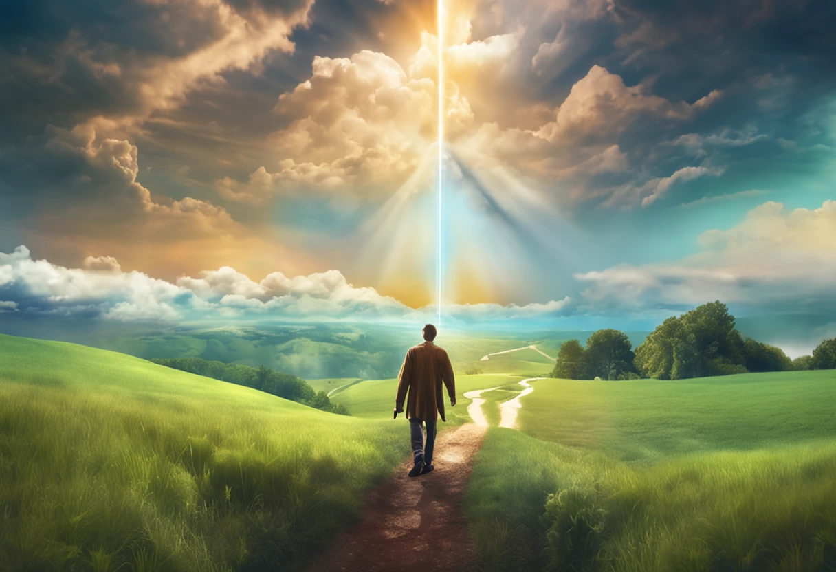 Theme: God with us
Style: Realistic, with vivid colors and contrasts
Elements: A person walking through a green field, holding a bible in their right hand and a bright light in their left hand. The light illuminates the person’s path and forms the word “God” in the clouds. The sky is blue and the clouds are white. The image conveys peace, trust and joy.