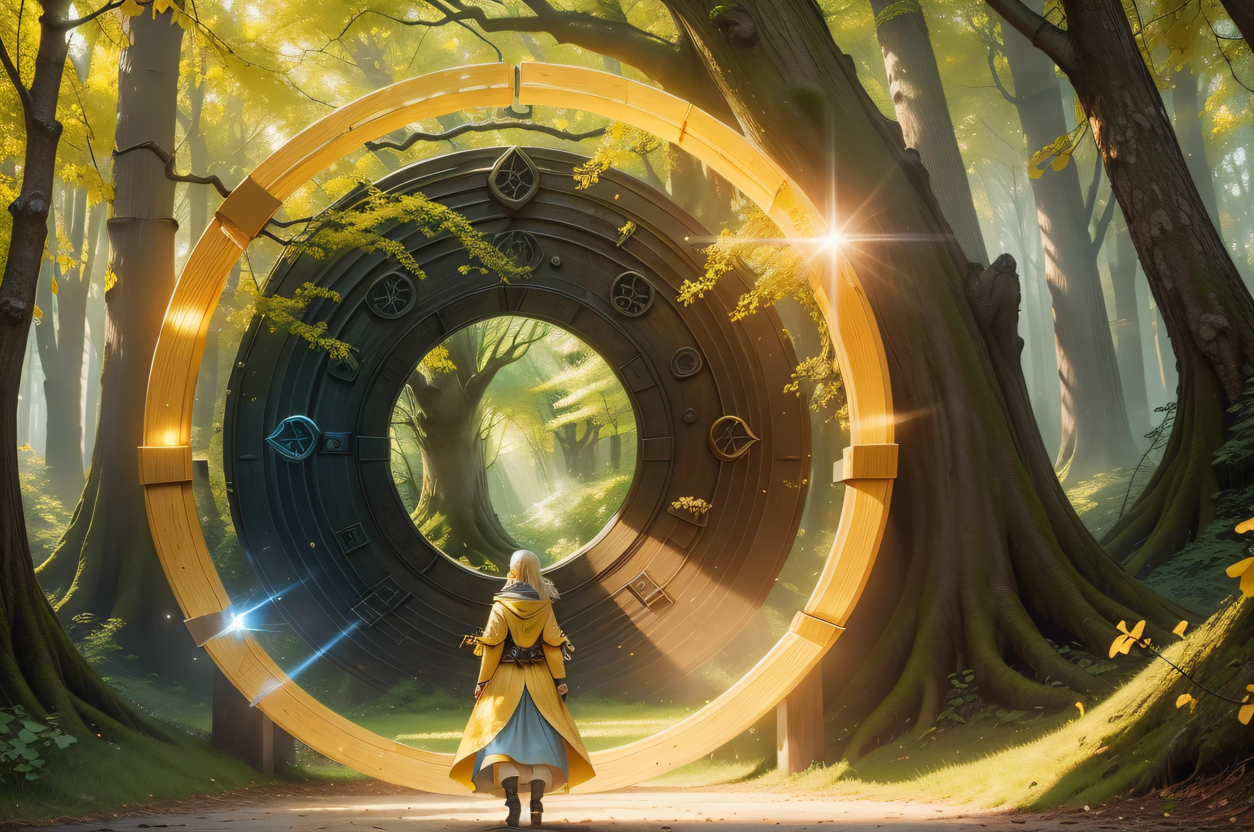 (yellow ginko forest:1.2), sparkling light, (small stargate portal in background:1.2), (visitor:1.2), winding forest path, sensual, fantasy art, epic fantasy digital art style, afternoon, sun rays, blue sky