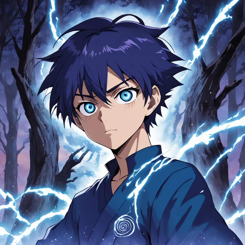Satoru Gojo adulto, the charismatic Jujutsu sorcerer Kaisen, em uma postura de batalha destemida. He's in a magical training camp, surrounded by ancient trees and marked by pillars of energy. His eyes are focused on the imaginary opponent, radiating confidence and determination. The Empty Eye technique is visible in his mask, emitindo raios azul-brilhantes que iluminam a cena. The sky is tinged with deep shades of purple and blue, evocando a magia e a intriga do mundo oculto, Pintura digital estilo realista, paleta de cores intensas, --ar 16:9 --v 5