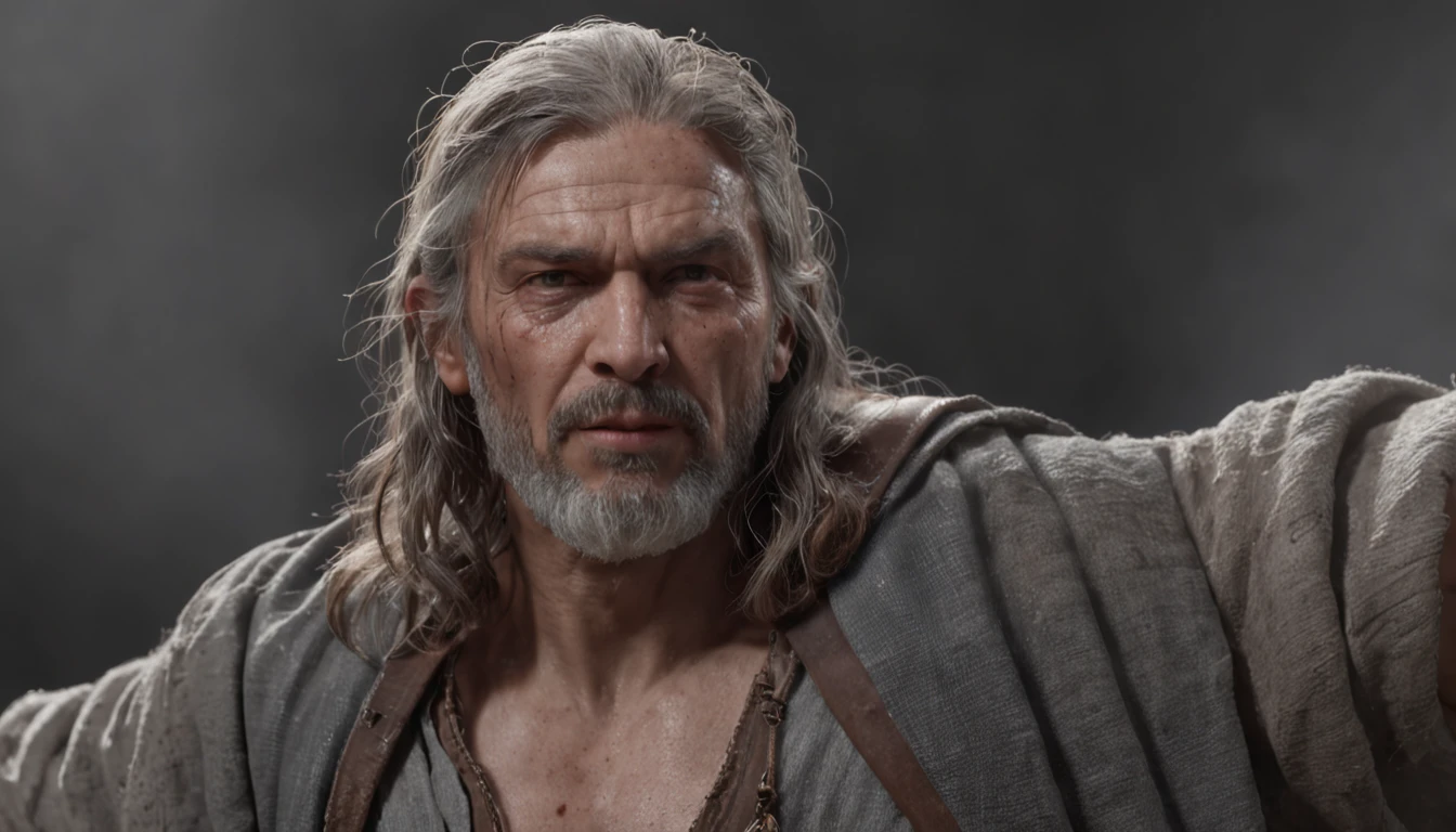 (Professional 3D rendering:1.3) de (Realistic:1.3) Foto de arte mais bonita do mundo,Features soft, bright male heroes, ((Epic hero fantasy man Jesus Christ rough hero wet look angry hair long beard short gray and fierce expression in dynamic pose, fantastic location, majestoso ambiente desordenado)), corpo inteiro 8k unidade render, action shot, poros da pele, very dark lighting, sombreamento pesado, circunstanciado, Rosto detalhado, (vibrante, fotogrdeia realista, Realistic, Dramatic, Escuro, foco nítido, 8k), (Old leather clothes damaged by bad weather:1.4), ((((Use peles)))), (intrincado:1.4), decadente, (altamente detalhado:1.4), pintura digital, rendering by octane, art stations, Conceito-Arte, liso, foco nítido, illustration, germe da arte, (Loish:0.23), Wlop Ilya Kuvshinov, e Greg Rutkowski e Alphonse Mucha Gracias, (global ilumination, studiolight, Light Volumetric), chuva forte, floating particles, patife, fantasia, Onze, corpo inteiroesbian, ((Fundo escuro e antigo da cidade:1.3)),CGSesociedade,art stations