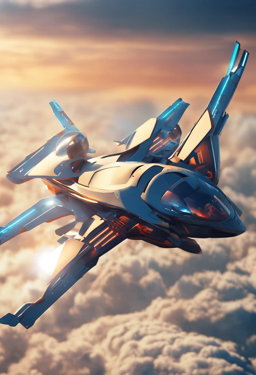create an illustration of a futuristic aircraft soaring into the skies with the sun in the background, destacando a modernidade e tecnologia (imagem 4k, highes definition, detalhada)