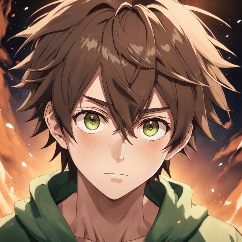 desiludido, Anime boy with brown hair and green eyes looking at the camera, cabelo cacheado, dead expression, Nice realistic portrait, anime semi-realista, detailed anime soft face made by anime painter studio, Retrato anime do homem bonito, realistic anime art style, arte cg anime suave, anime de rosto de alto detalhe, anime semi-realista, estilo anime semi-realista, Retrato estilo anime, homem alto do anime com olhos azuis
