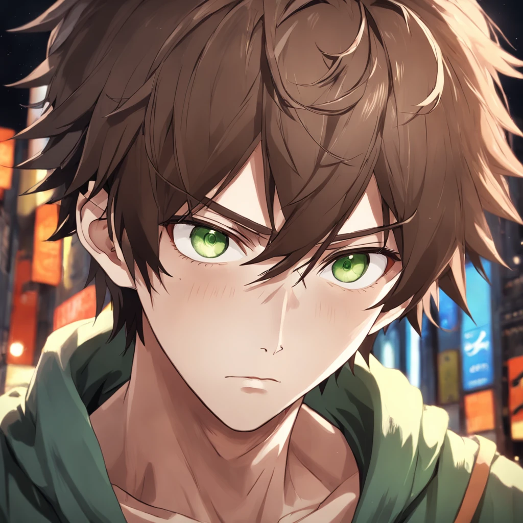 desiludido, Anime boy with brown hair and green eyes looking at the camera, cabelo cacheado, dead expression, Nice realistic portrait, anime semi-realista, detailed anime soft face made by anime painter studio, Retrato anime do homem bonito, realistic anime art style, arte cg anime suave, anime de rosto de alto detalhe, anime semi-realista, estilo anime semi-realista, Retrato estilo anime, homem alto do anime com olhos azuis