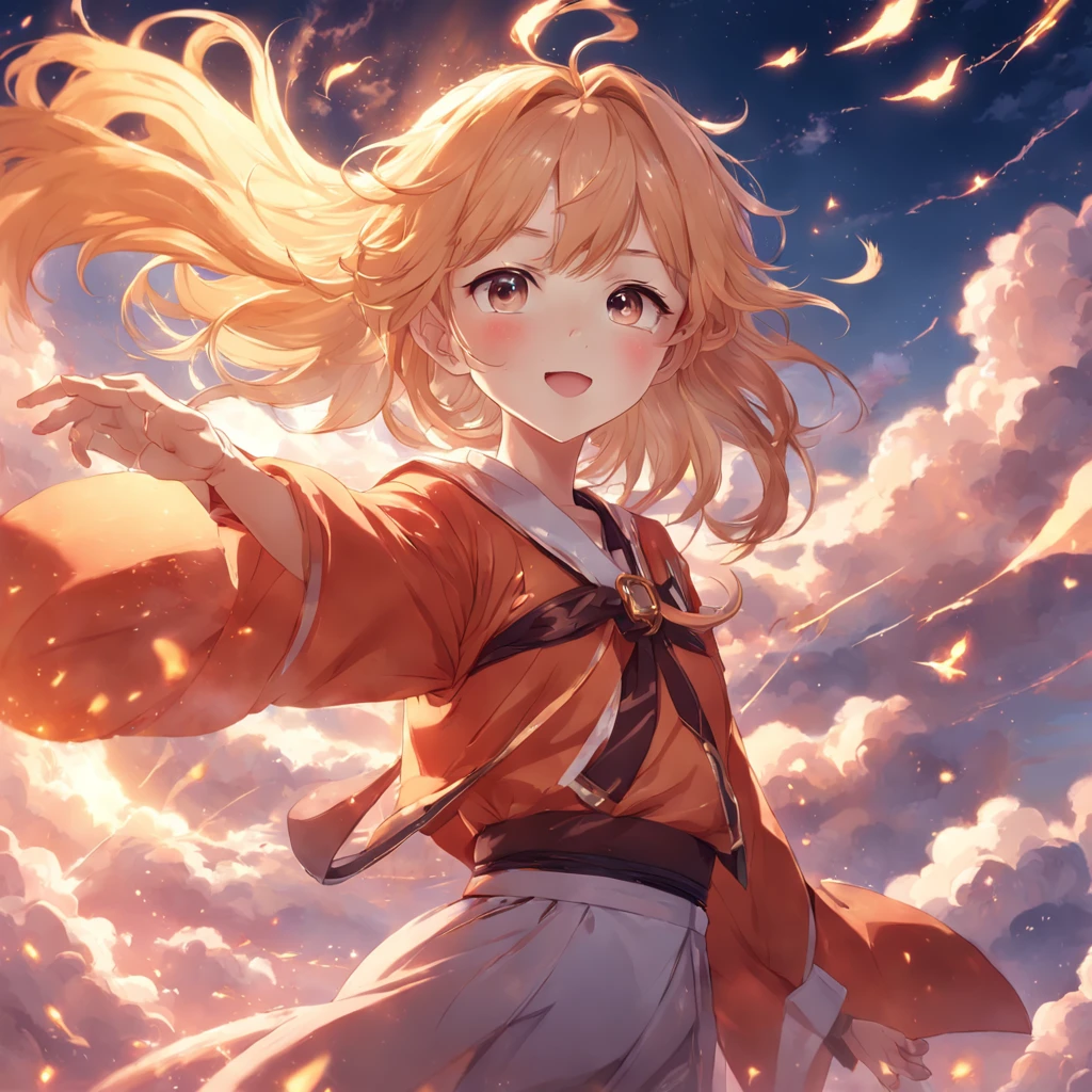 masterpiece, best quality, movie still, 1girl, cloud girl, floating in the sky, close-up, bright, happy, warm soft lighting, sunset, (sparks:0.7), hu tao (genshin impact), casual outfit