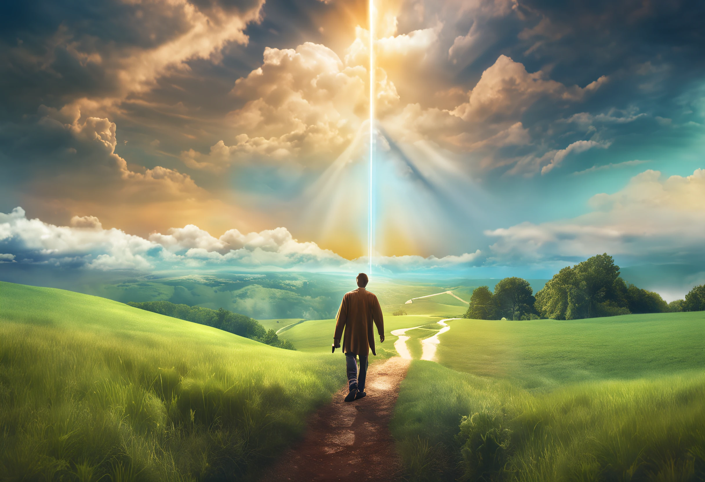 Theme: God with us
Style: Realistic, with vivid colors and contrasts
Elements: A person walking through a green field, holding a bible in their right hand and a bright light in their left hand. The light illuminates the person’s path and forms the word “God” in the clouds. The sky is blue and the clouds are white. The image conveys peace, trust and joy.