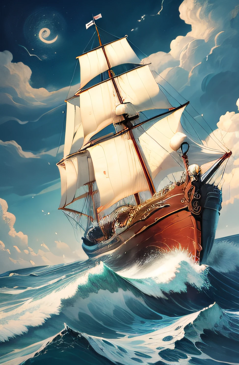wild tall waves , day, Sailing ship, cloud, Vincent van Gogh style