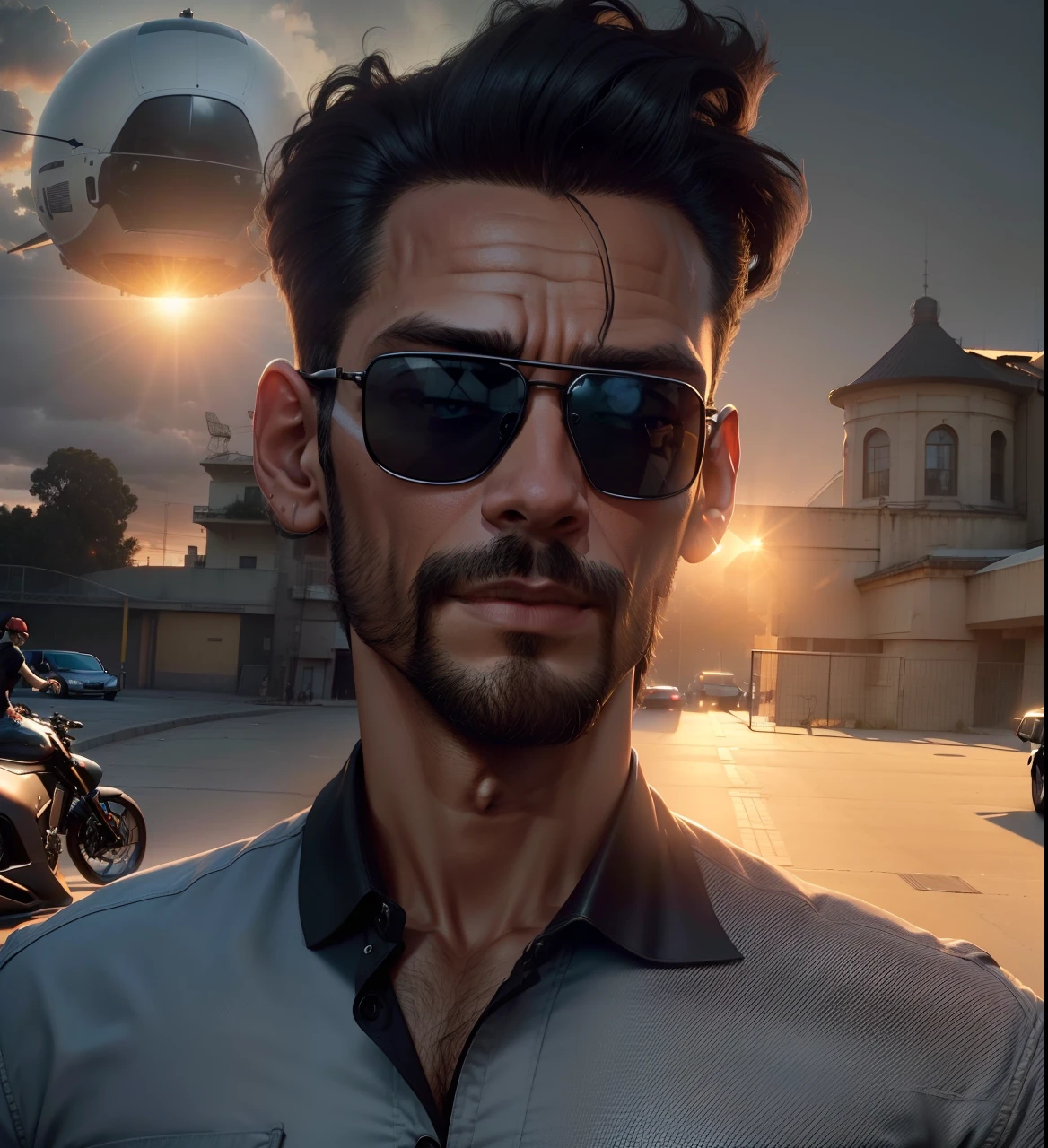 (um homem fisicamente bem, careca,(sun glasses:1.1+barba:1.1), wearing jeans and black shirt, jaqueta escura, standing near a supercar and a helicopter on it, retrato)