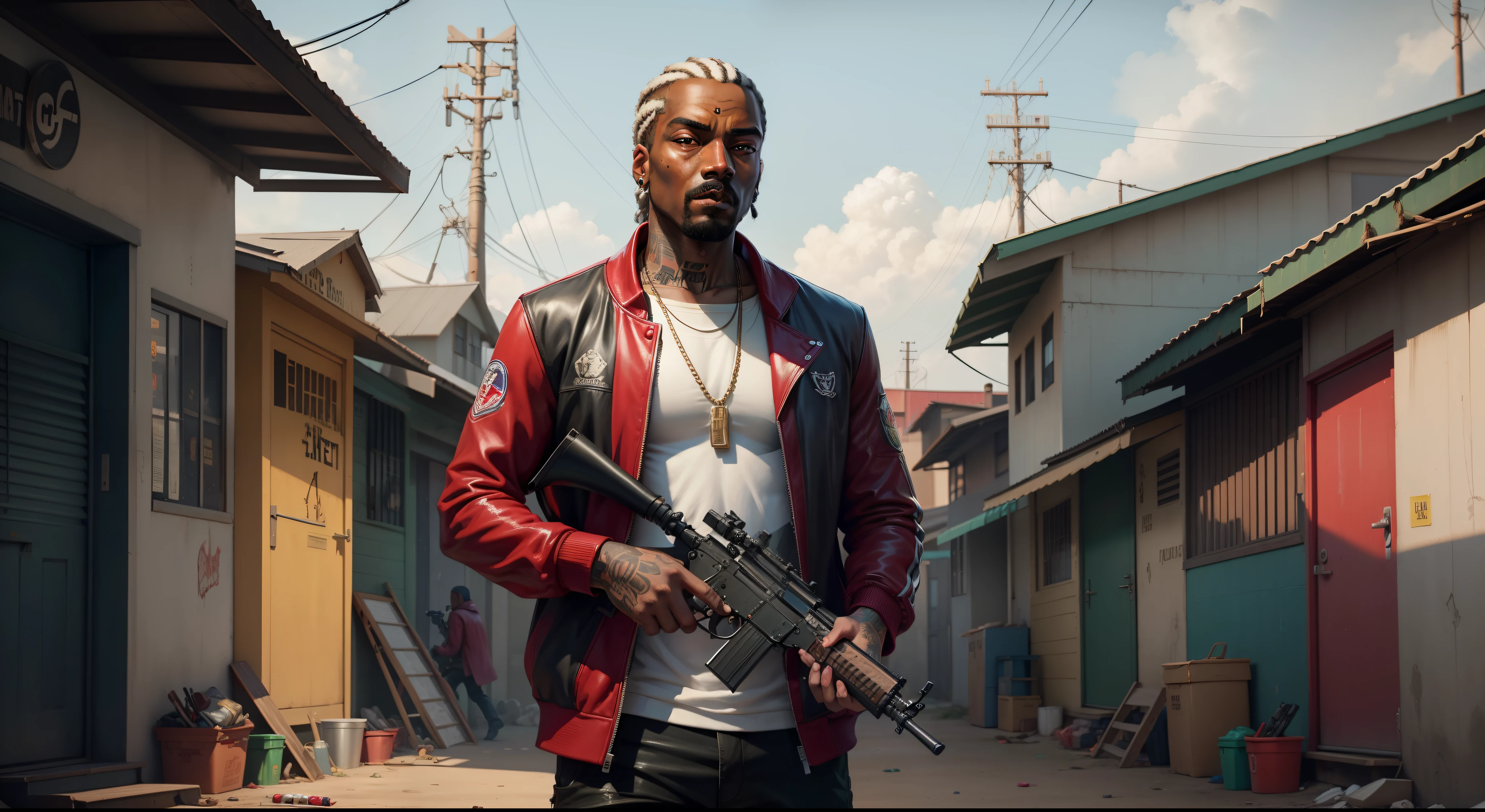 There's a man holding a gun on a wooden deck, gta personagem, Como o protagonista de GTA 5, GTA V Estilo, como um personagem de gtav, Kanye West em GTA v, drake em gta v, Estilo GTA5, gta v personagem, empunhando fuzil de assalto, Snoop Dogg em GTA V, gta 5 tom de pele, Jesse Pinkman em GTA v, jaqueta vermelha,AK-47 rifle, cenario de fundo uma favela estilo brasileira, cabelo vermelho