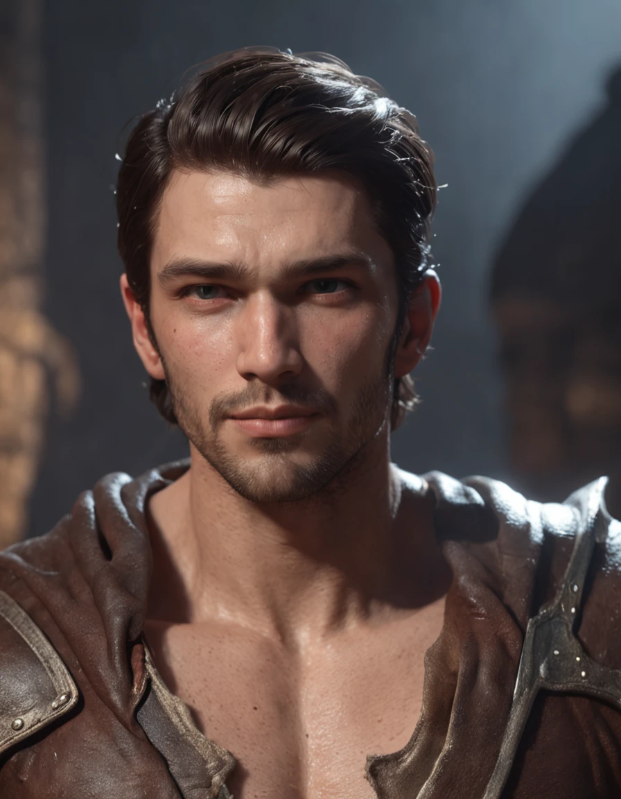 (professional 3d render:1.3) af (Realistic:1.3) most beautiful artwork photo in the world, Features soft and shiny young adult males , ((Epic hero fantasy muscle man raunchy wet hero handsome look messy hair short beard and flirtatious expression in dynamic pose, Fantastic location, Majestic cluttered environment)), full body 8k unity render, action shot, skin pore, cinematic lighting, heavyshading, Detailed, hyperdetailed face, (vibrant, photograph realistic, Realistic, Dramatic, Dark, Sharp focus, 8K), (Old leather garments damaged by weathering:1.4), ((((Wear fur)))), (Intricate:1.4), decadent, (Highly detailed:1.4), Digital painting, rendering by octane, art stations, concept-art, smooth, Sharp focus, illustration, Art germ, (loish:0.23), wlop ilya kuvshinov, and greg rutkowski and alphonse mucha gracias, (Global illumination, Studio light, volumettic light), heavy rain, particles floating, lotr, fantasy, elf, full bodyesbian, ((Dark and ancient city background:1.3)),CGSesociety,art stations
