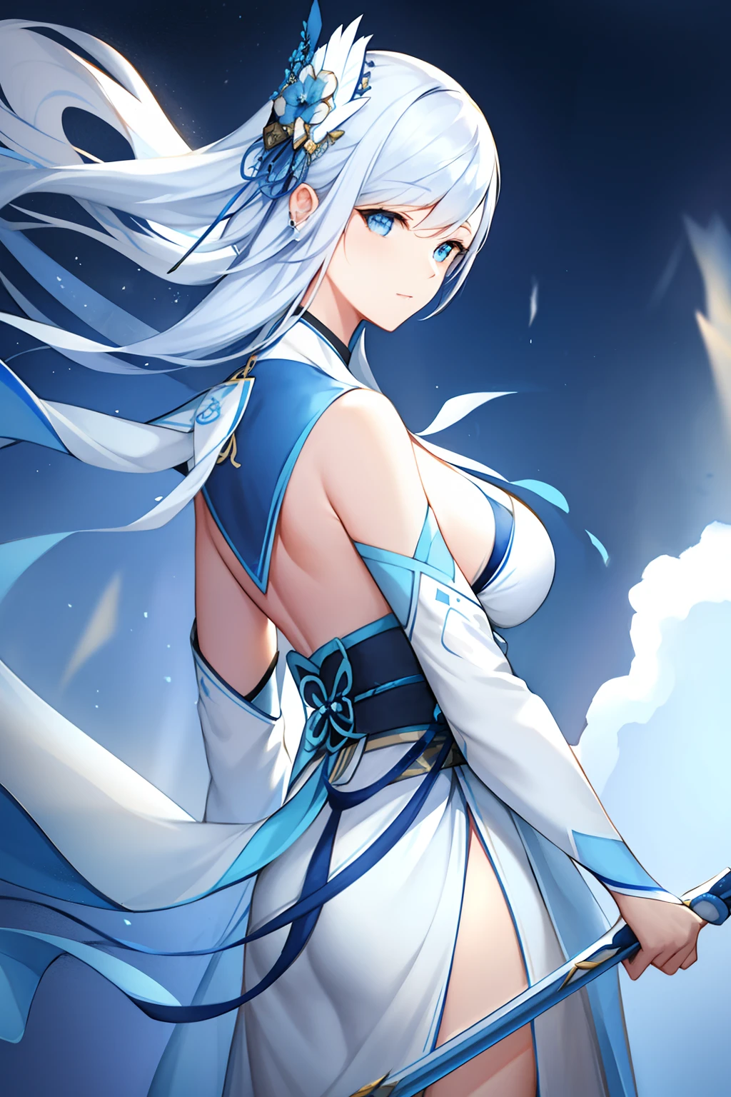 ( ink and watercolor painting), back: A girl, (Blue and white Hanfu), White background, ( Bokeh, Out of focus, Soft lighting, Movie lighting, God Ray, hyper HD)