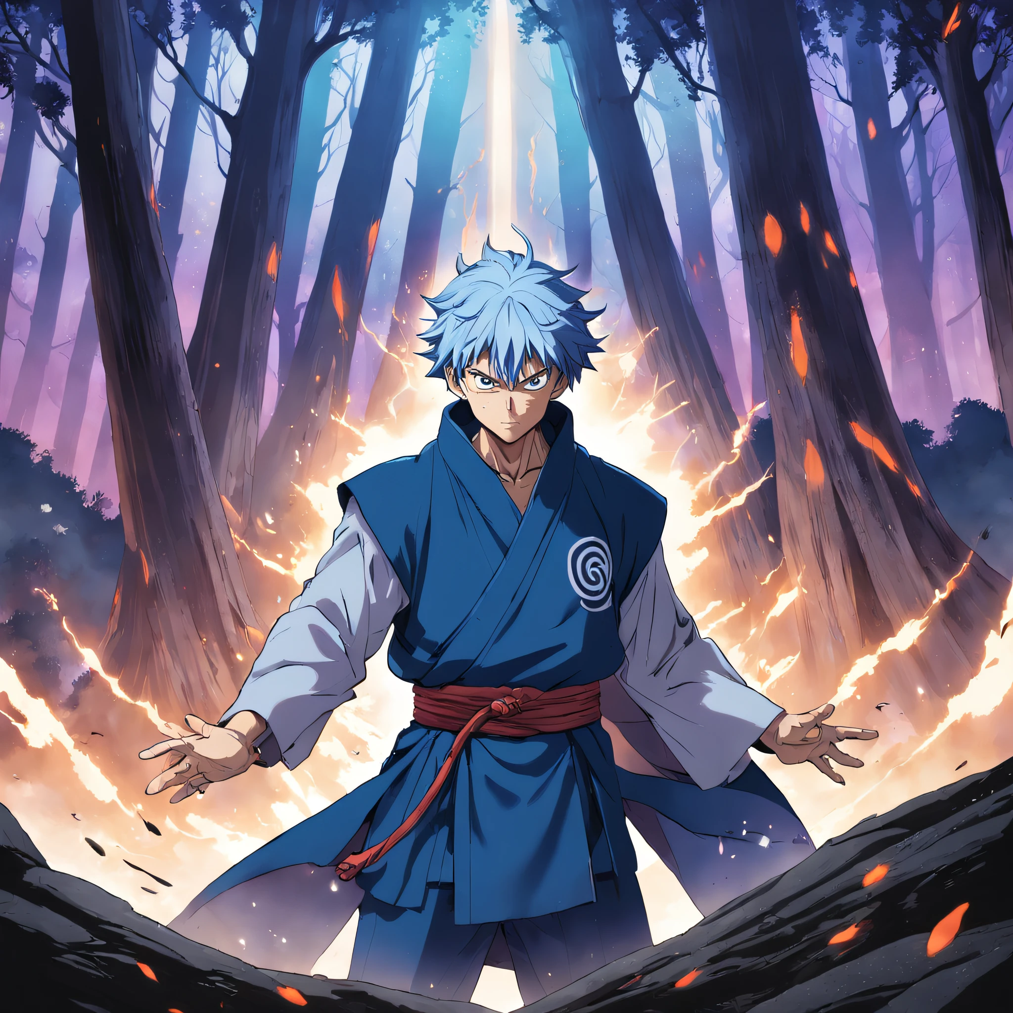 Satoru Gojo adulto, the charismatic Jujutsu sorcerer Kaisen, em uma postura de batalha destemida. He's in a magical training camp, surrounded by ancient trees and marked by pillars of energy. His eyes are focused on the imaginary opponent, radiating confidence and determination. The Empty Eye technique is visible in his mask, emitindo raios azul-brilhantes que iluminam a cena. The sky is tinged with deep shades of purple and blue, evocando a magia e a intriga do mundo oculto, Pintura digital estilo realista, paleta de cores intensas, --ar 16:9 --v 5