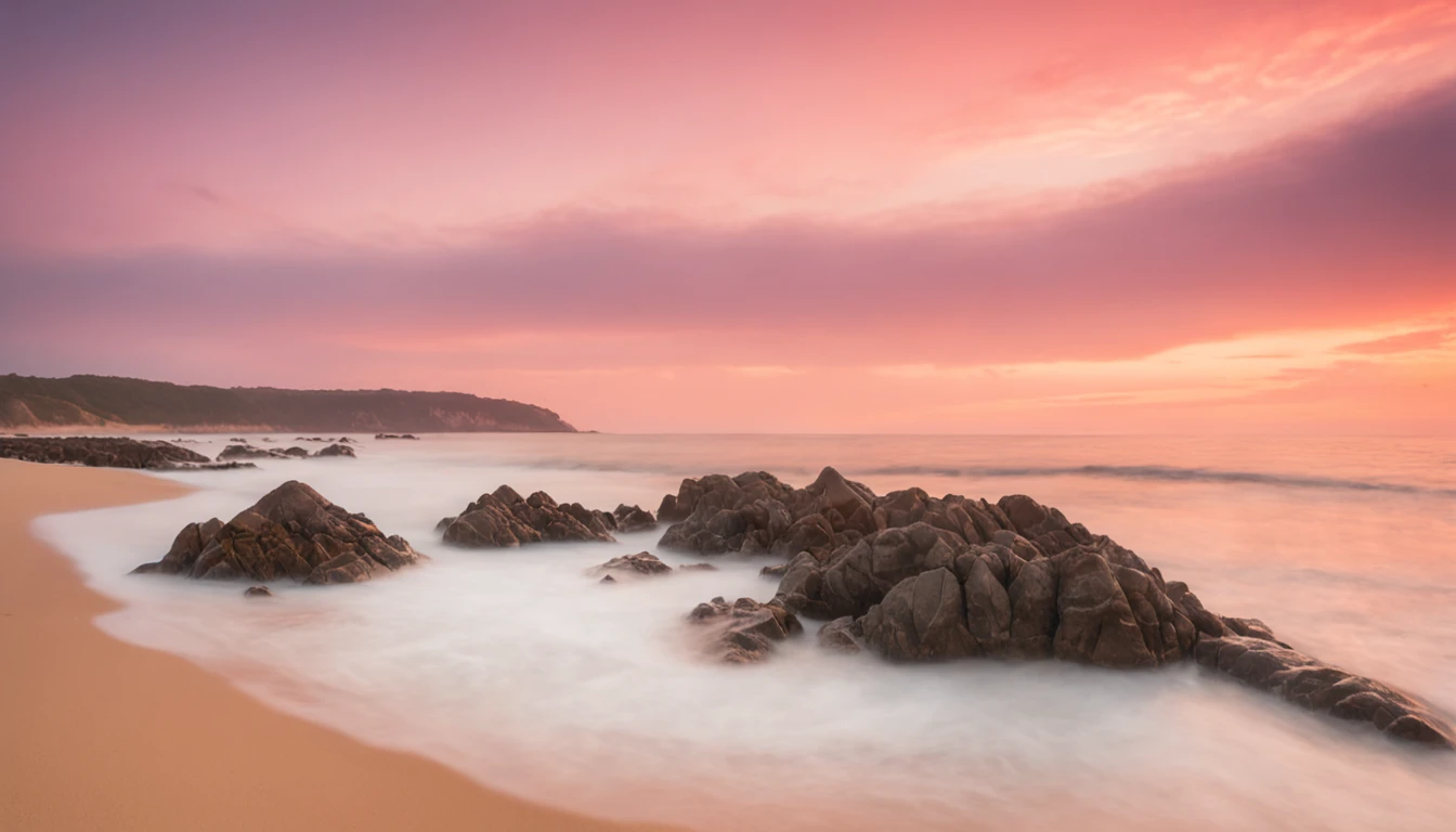 Prompt:
"Caro SeaArt, por favor, Create an artistic representation of a seascape at sunset. The scene depicts a sandy beach with calm waters and a sky painted in soft shades of orange, rosa e roxo. The sun is sinking into the horizon, casting a soft golden light over the landscape. Ao longo da praia, coqueiros curvam-se graciosamente, suas folhas capturando a brisa marinha. No horizonte distante, pequenos veleiros navegam tranquilamente. The surface of the water reflects the colors of the sky, criando um efeito de espelhamento. As nuvens, soft and ethereal, envolvem o sol em tons de dourado e coral. The scene is serene and quiet, evoking a sense of peace and contemplation. Por favor, Include all the necessary details to make the depiction as realistic as possible, capturing the magical atmosphere of this moment on the coast."