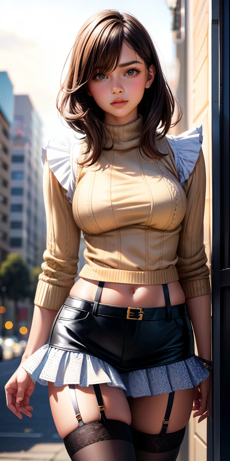 realistic, women, sweater, mini skirt with ruffles, garter belt